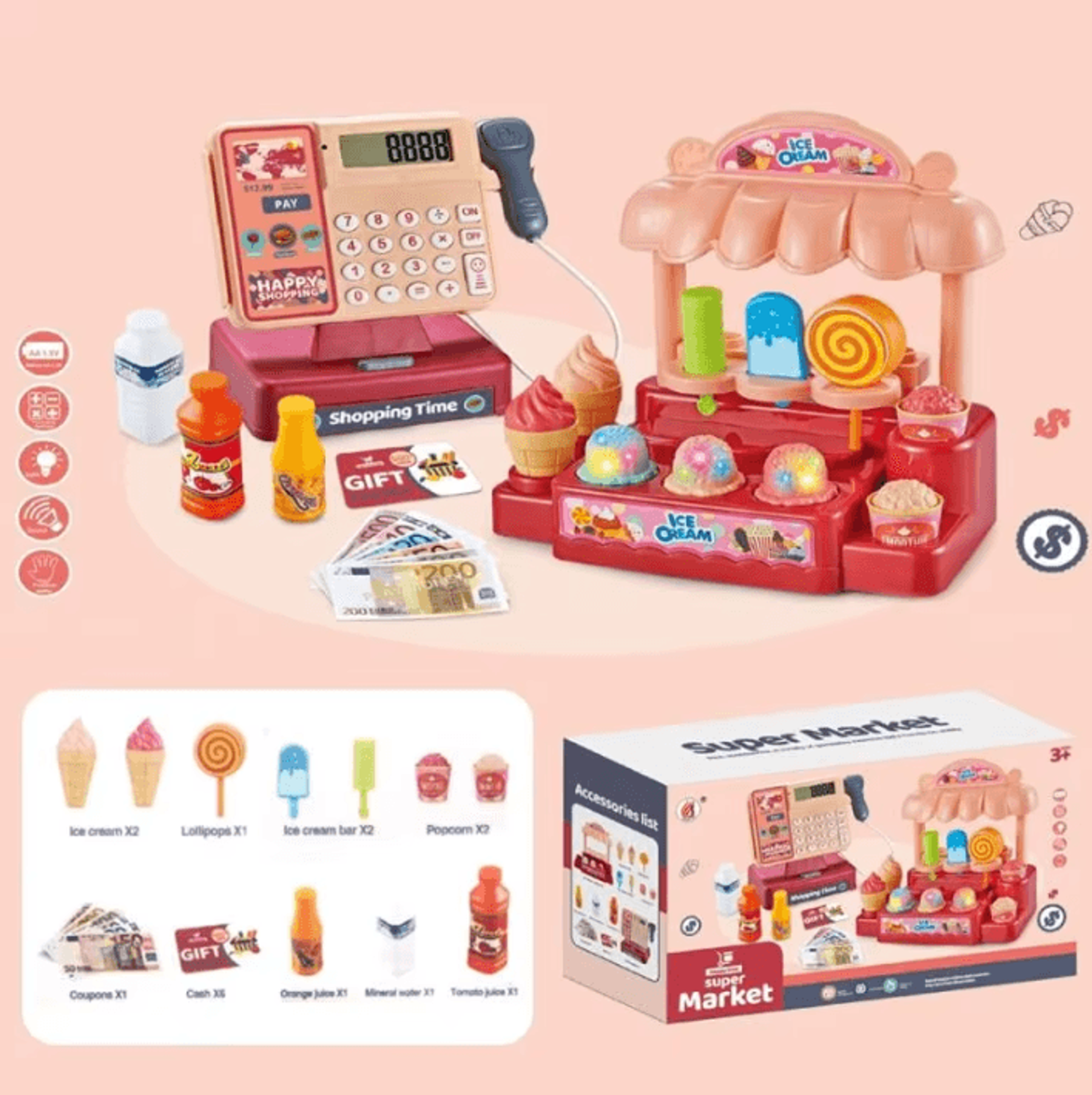 Kids Supermarket Play Set  Scanning Cash Register With Coins Bills Sound  Lights 1
