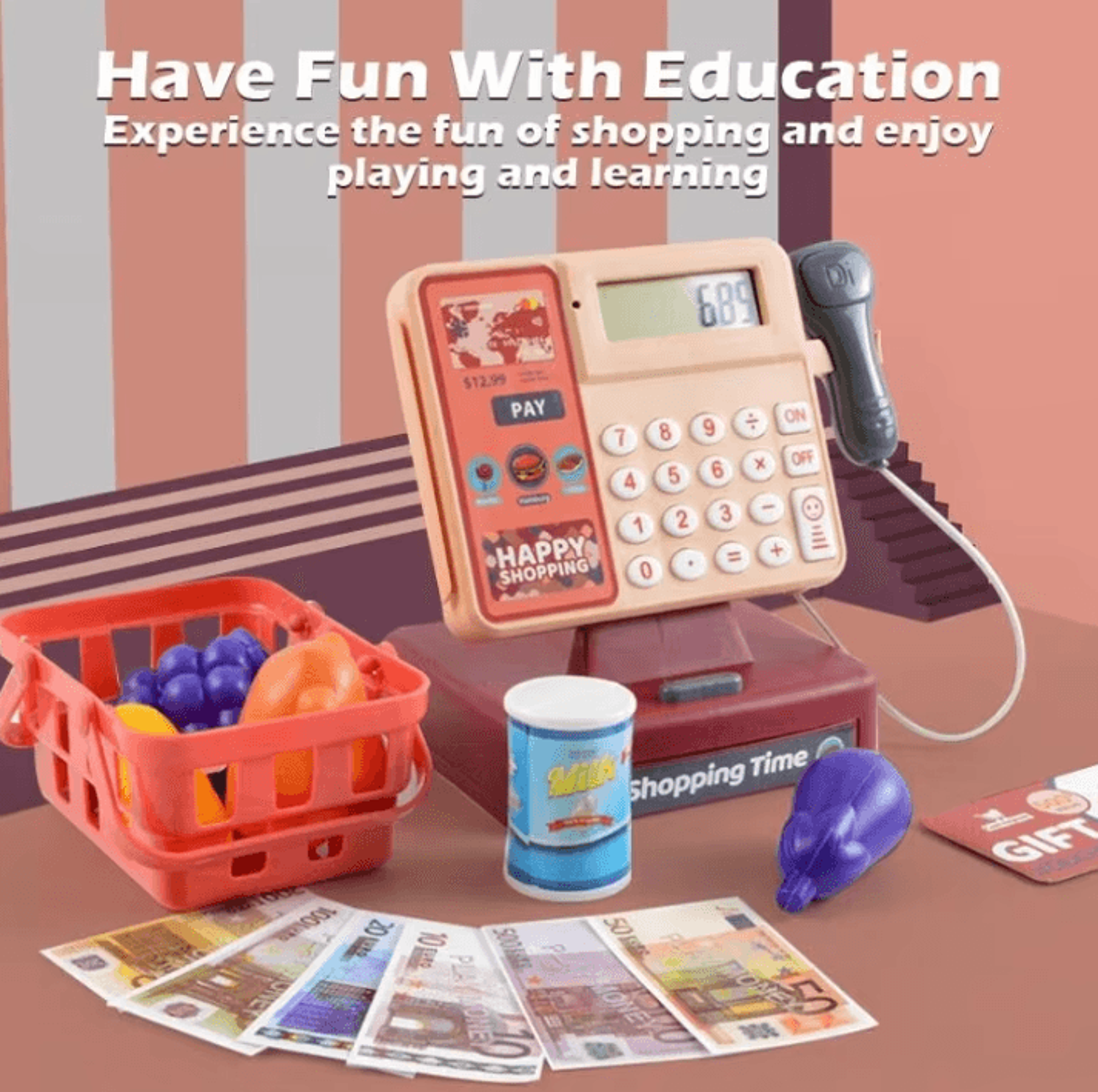 Kids Supermarket Play Set  Scanning Cash Register With Coins Bills Sound  Lights 2