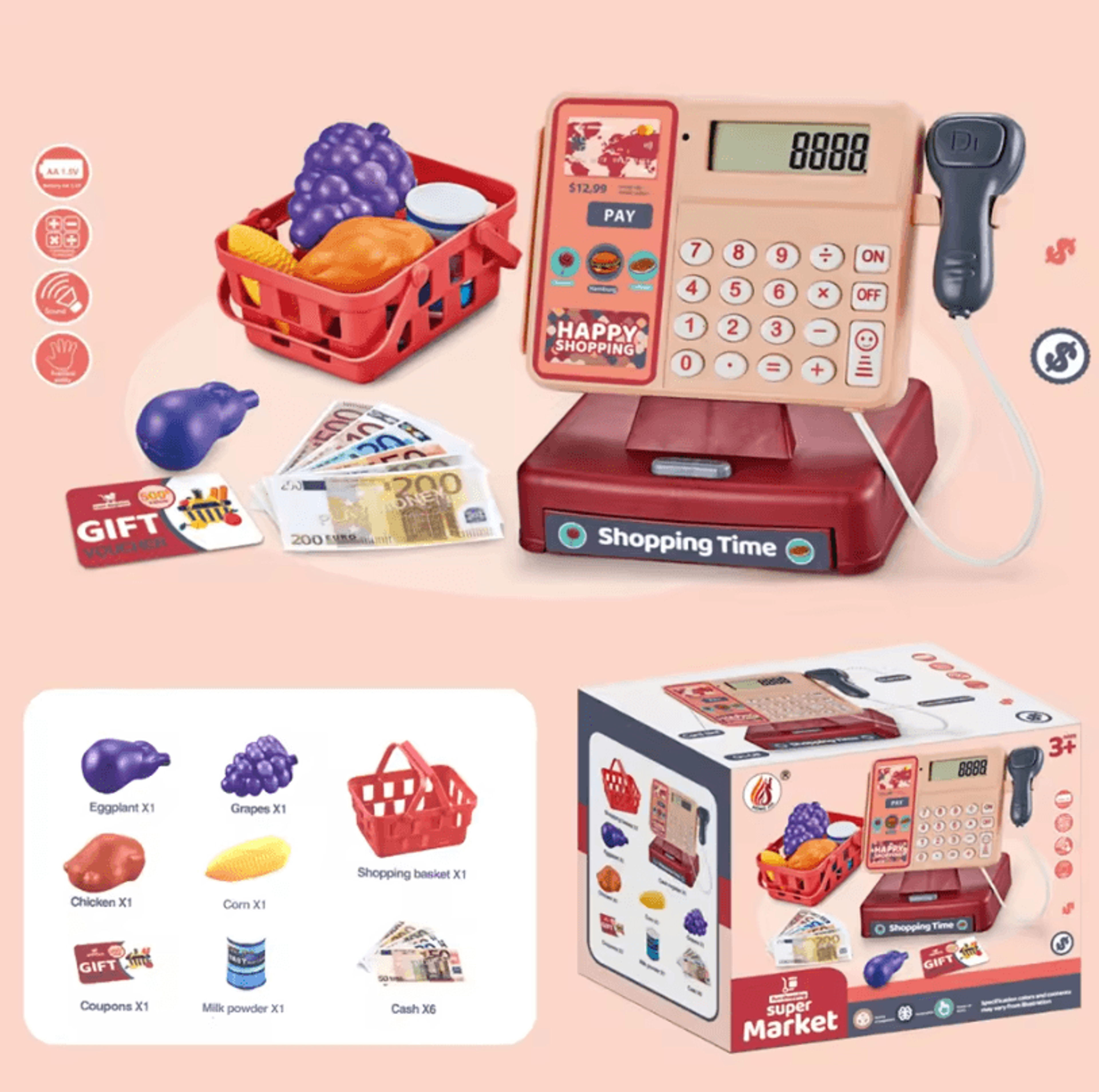 Kids Supermarket Play Set  Scanning Cash Register With Coins Bills Sound  Lights 5