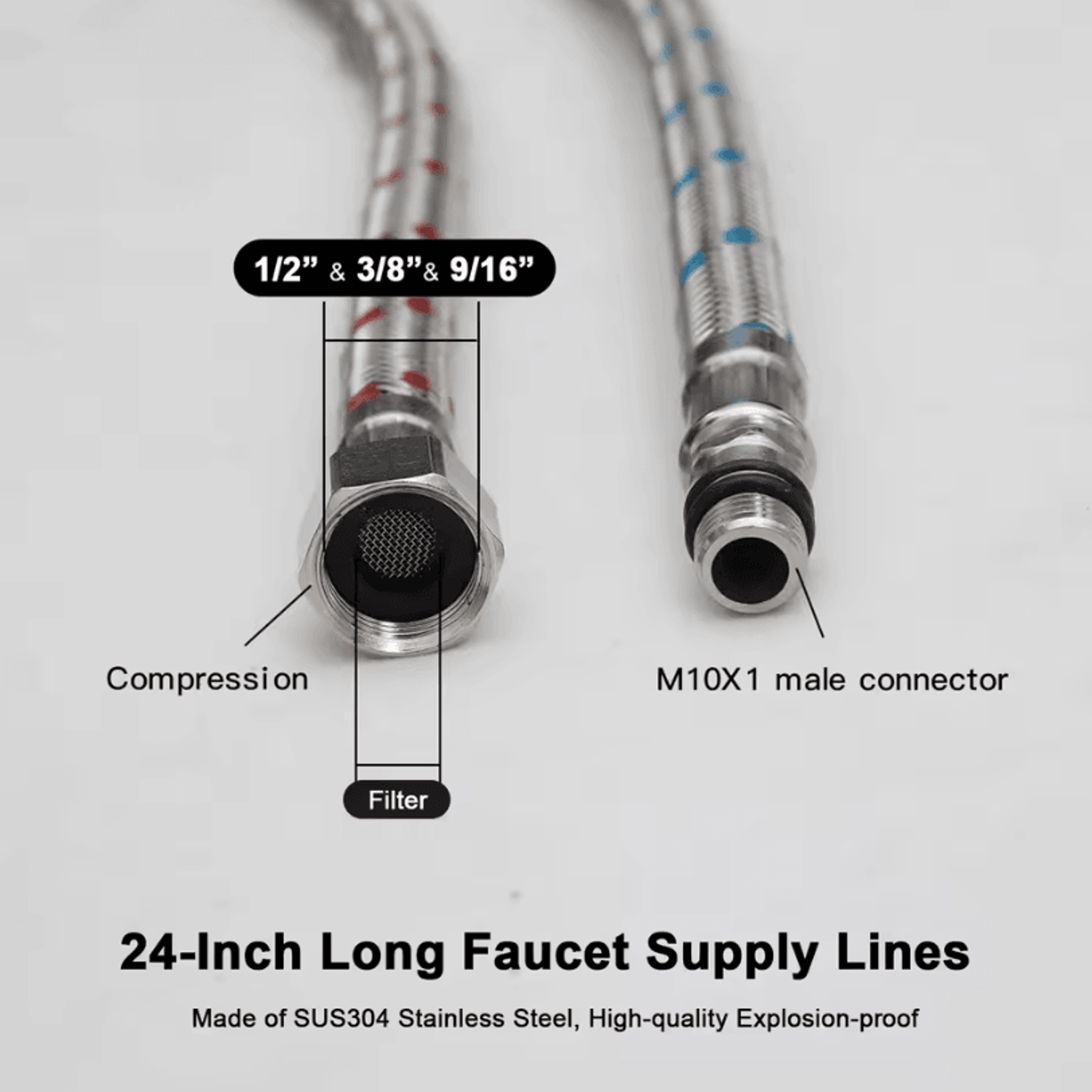 24Inch Stainless Steel Faucet Connector  Supply Hose With MultiThread Compression Fittings 1