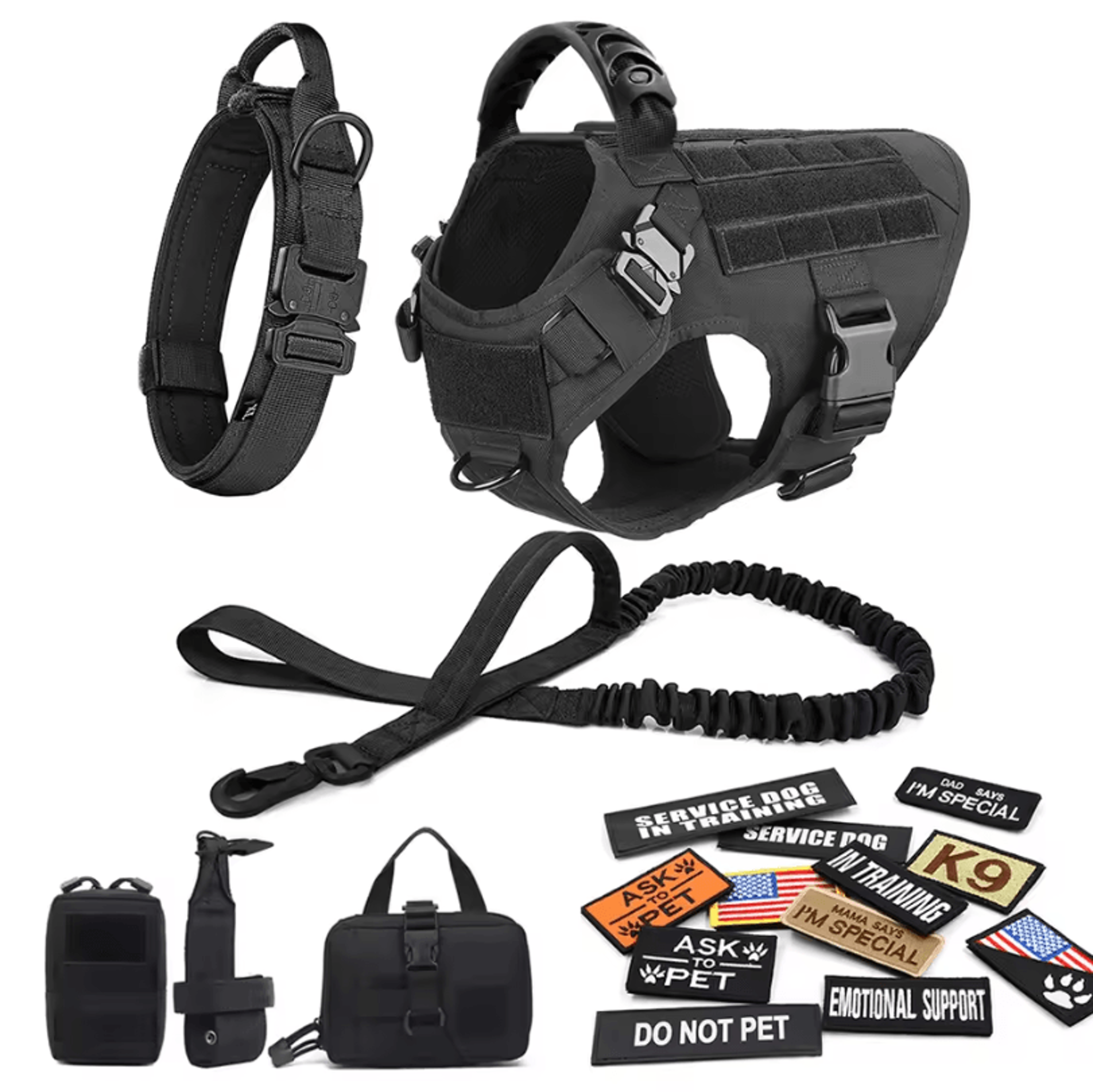 Military Large Dog Harness Set  Tactical Vest With Collar Leash Bags And Patches 17