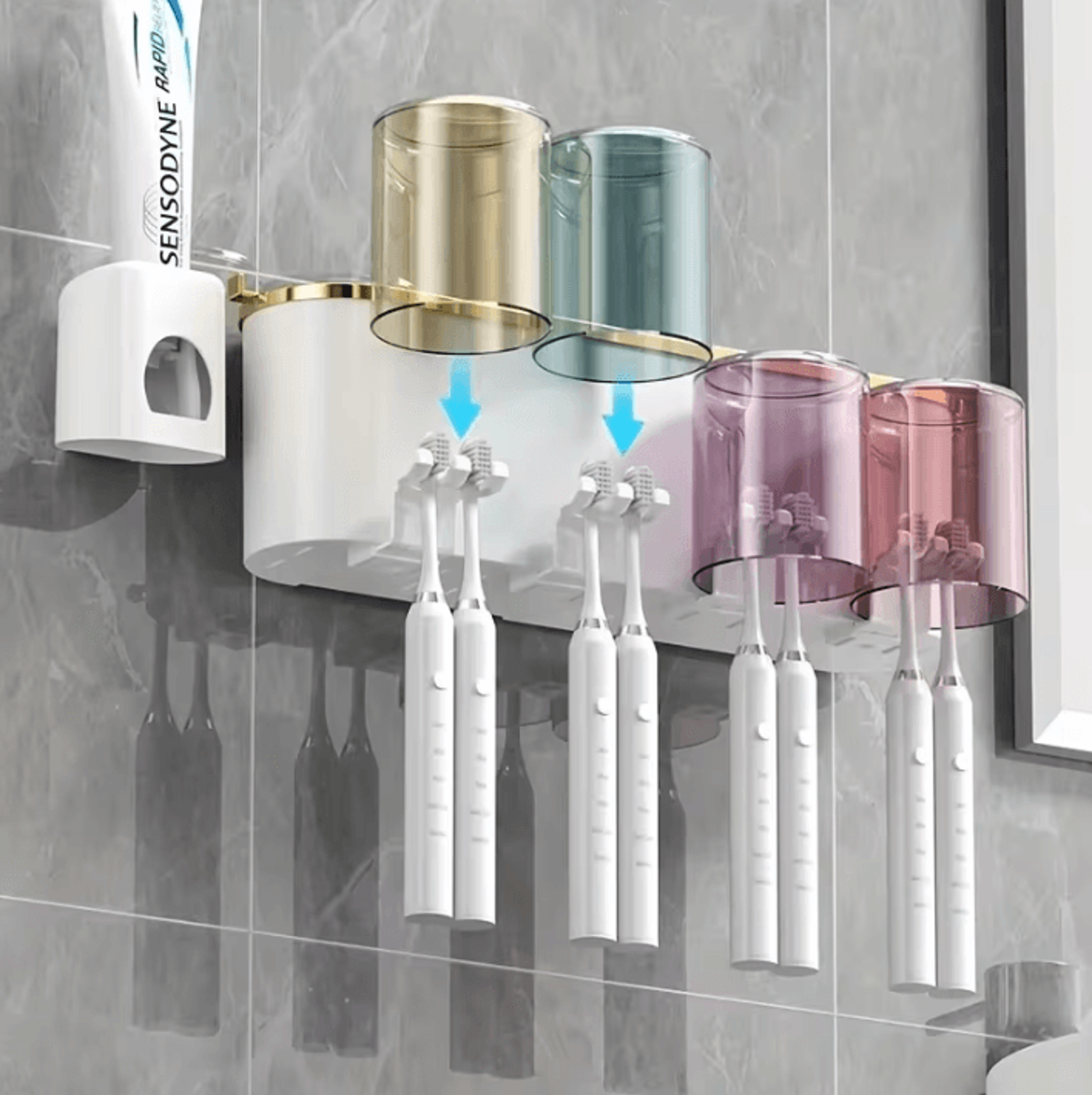 Toothbrush Holder With Squeezer  PerforationFree Bathroom Shelf And Mouthwash Cup Organizer 2
