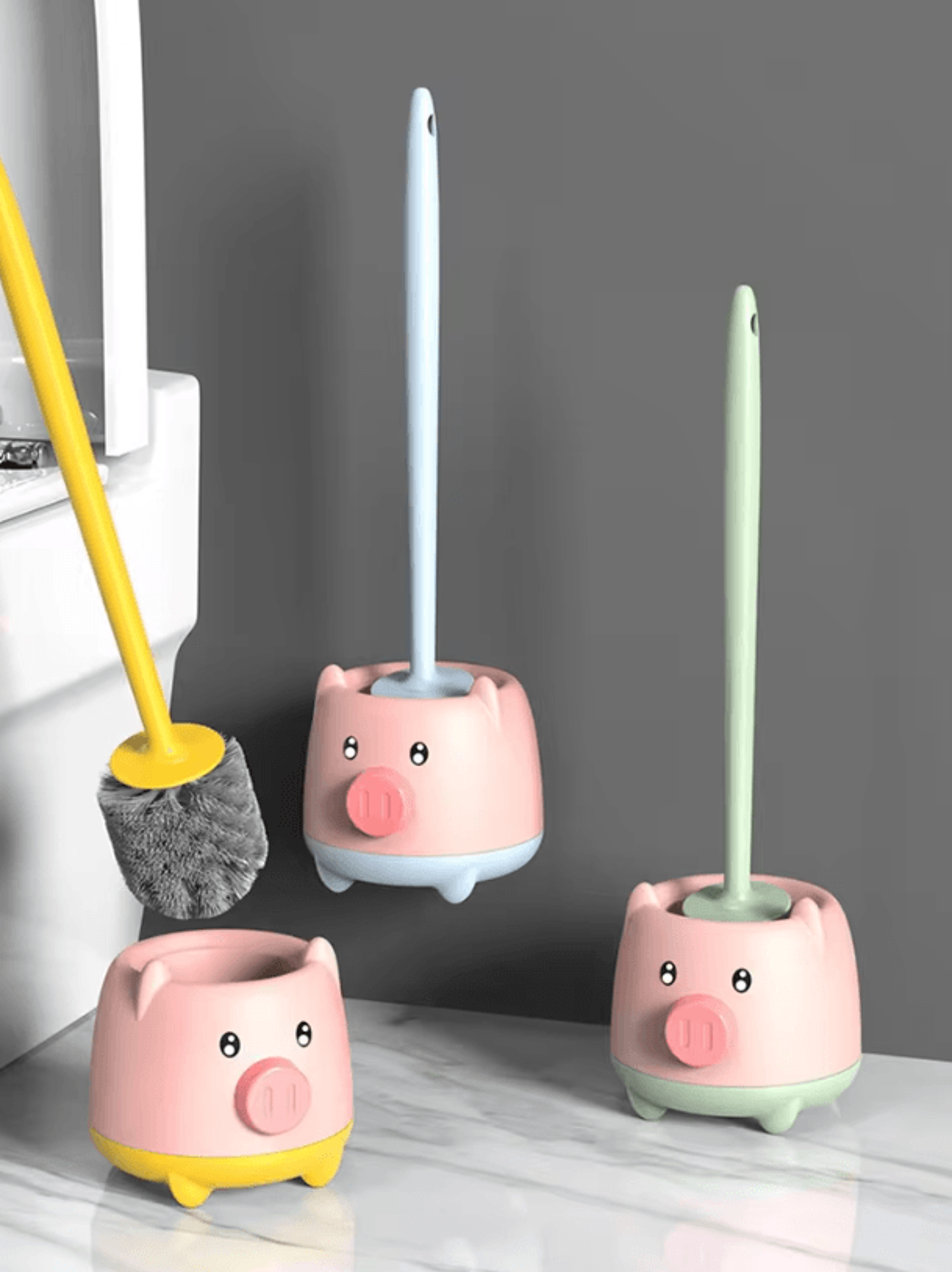 Cute Piglet Toilet Brush Set  WallHanging NoDeadCorner Cleaning Magic 0