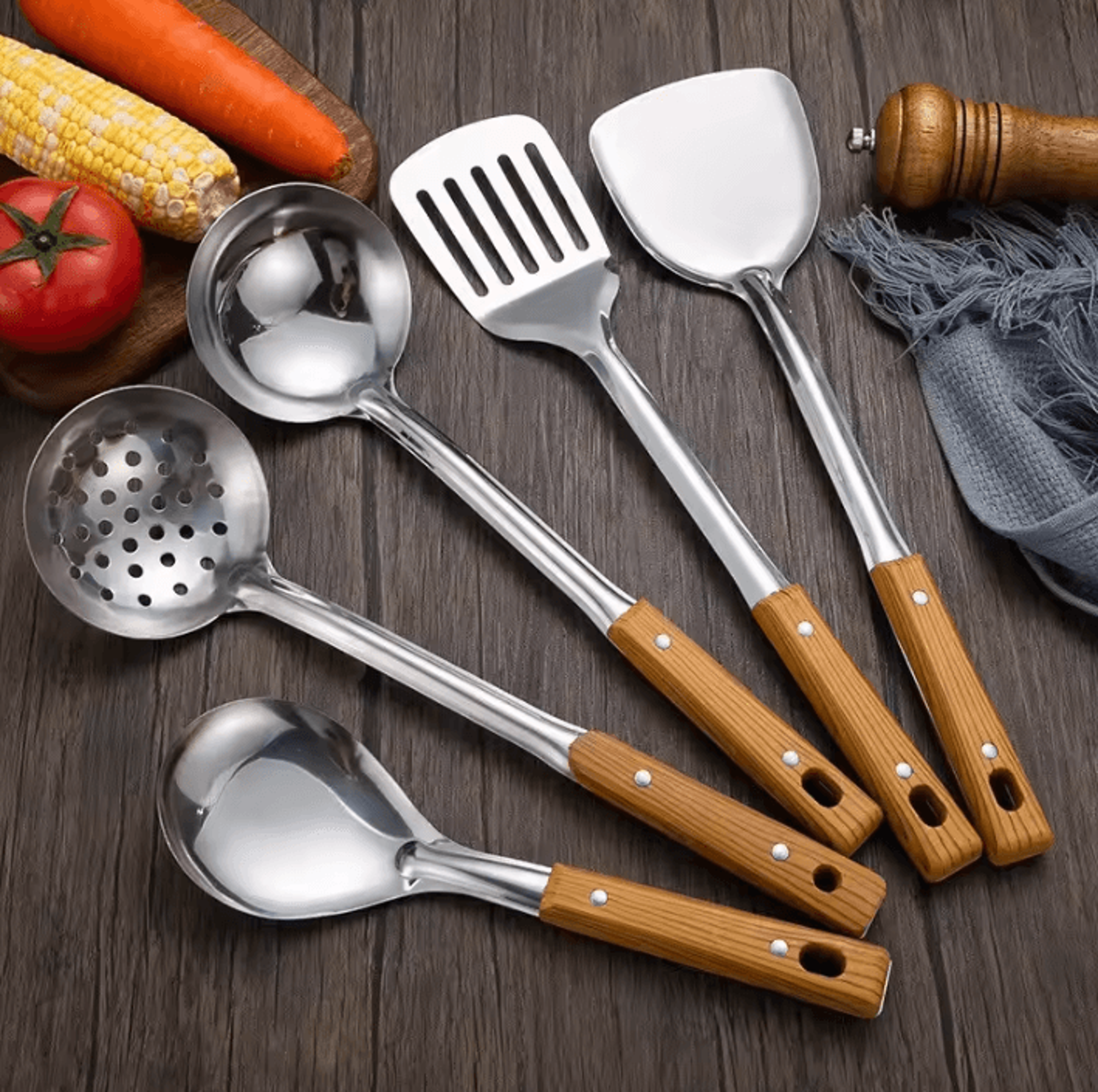 Stainless Steel Kitchen Tools Set With Wood Grain Handle  Spatula Spoon  Leaky Shovel Cooking Utens 0