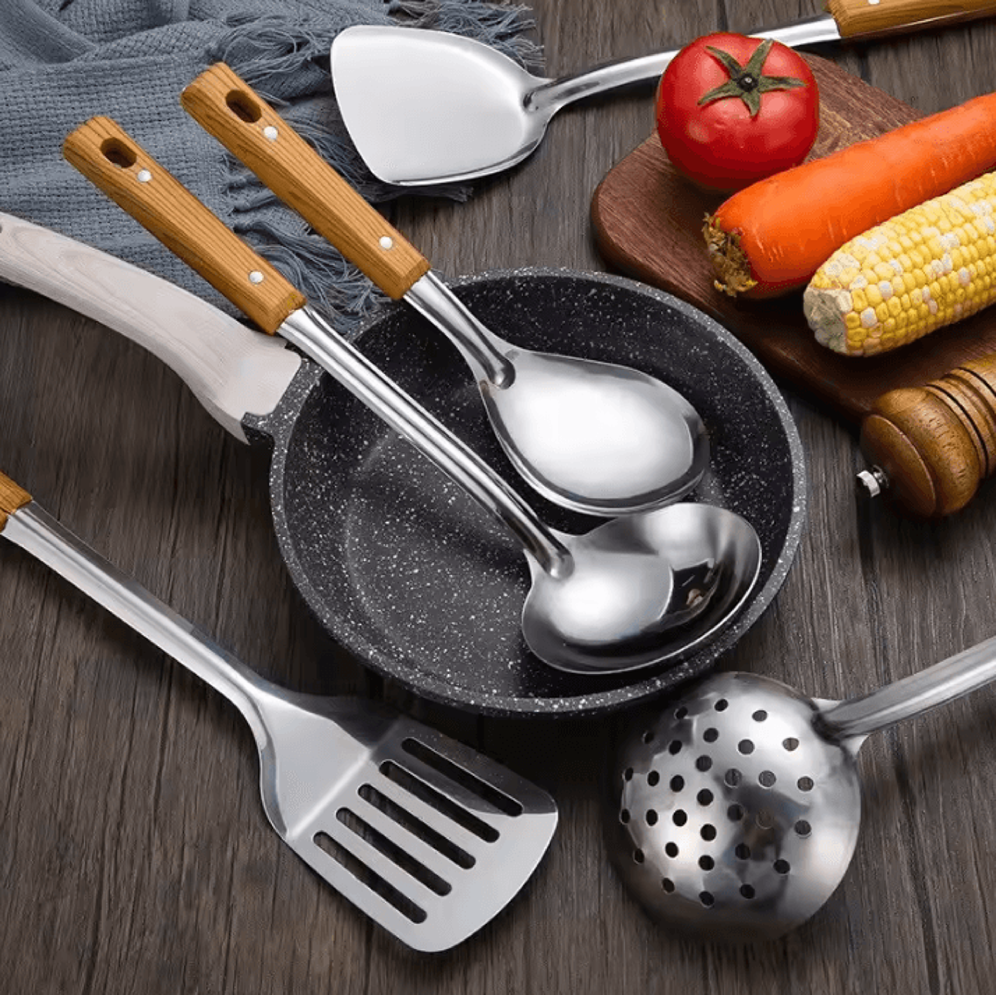 Stainless Steel Kitchen Tools Set With Wood Grain Handle  Spatula Spoon  Leaky Shovel Cooking Utens 1