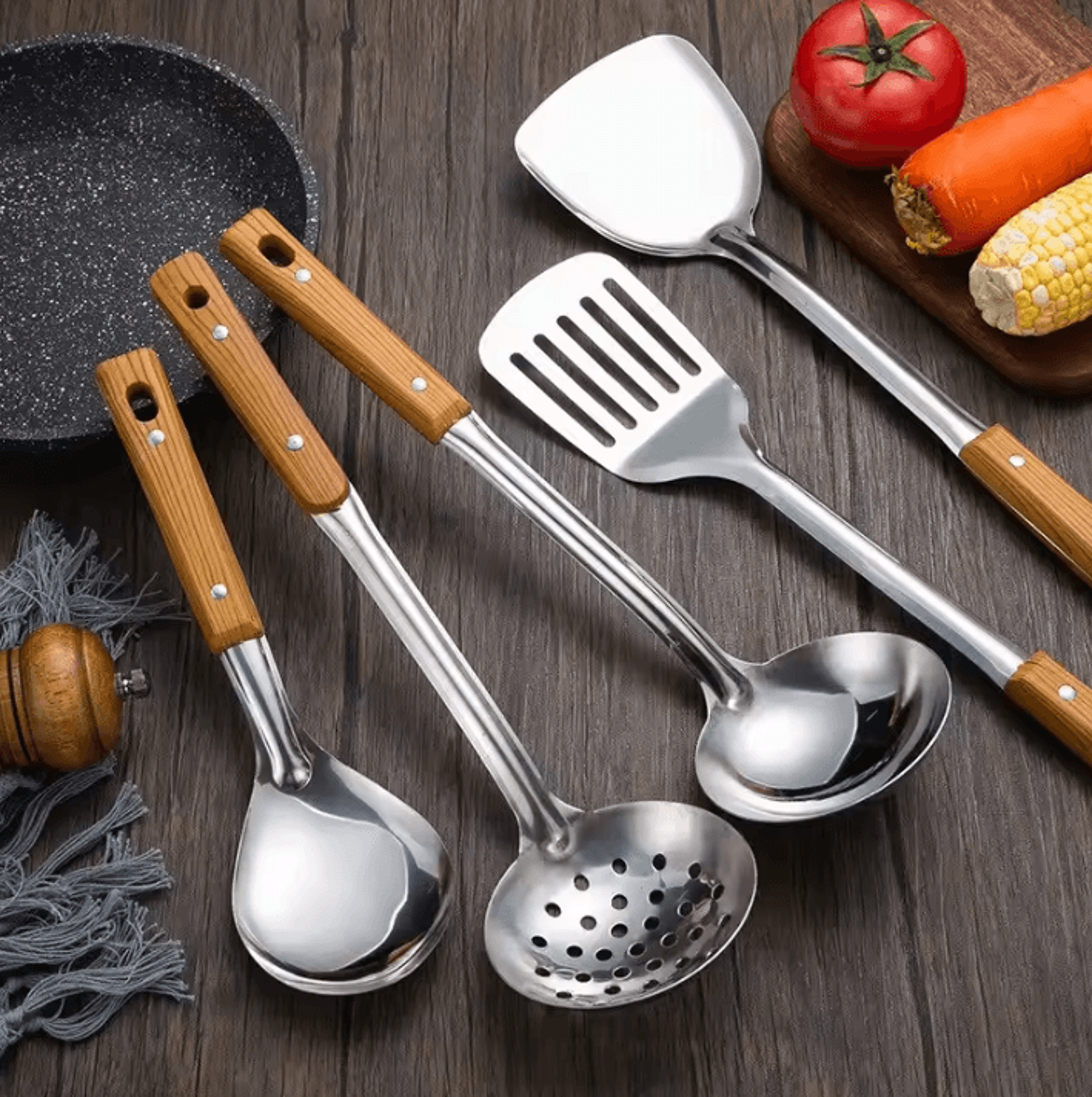 Stainless Steel Kitchen Tools Set With Wood Grain Handle  Spatula Spoon  Leaky Shovel Cooking Utens 2