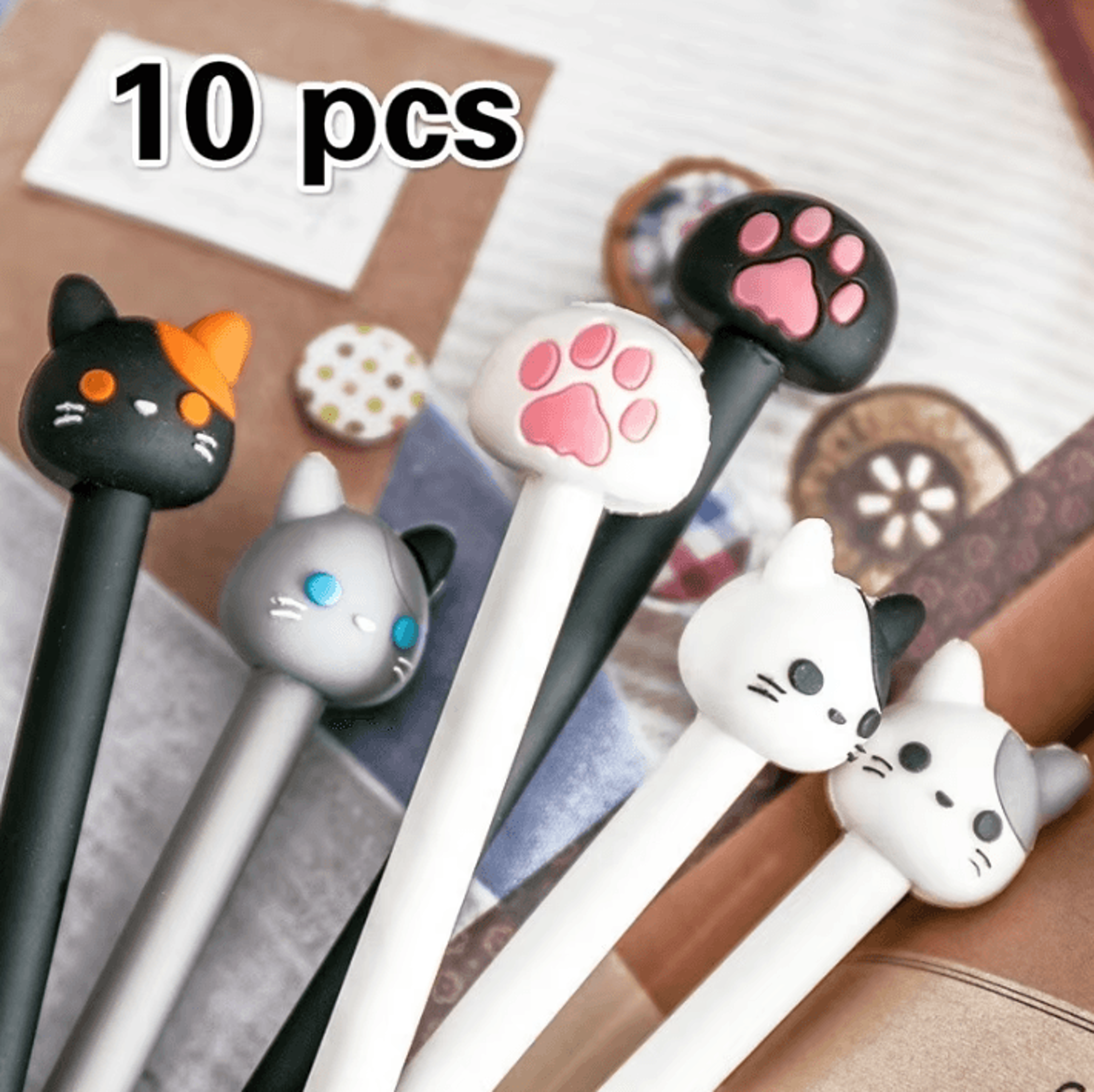 10Piece Kawaii Cat Gel Ink Pen Set  Cute Black Ink Stationery For School  Office 0