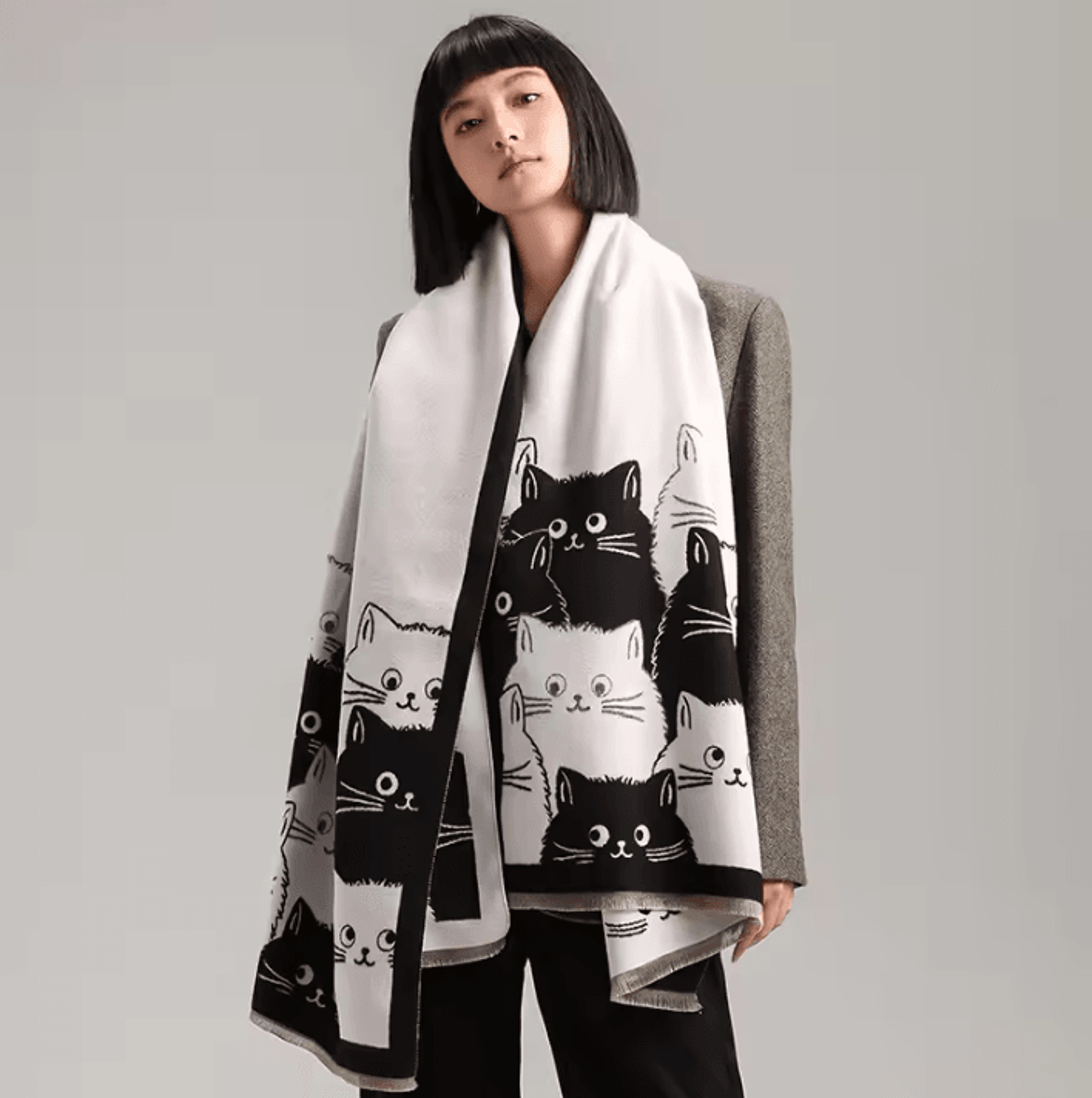 Cute Cat Jacquard Cashmere Pashmina Scarf  Thick Winter Warmth Shawl  Coldproof Blanket 1