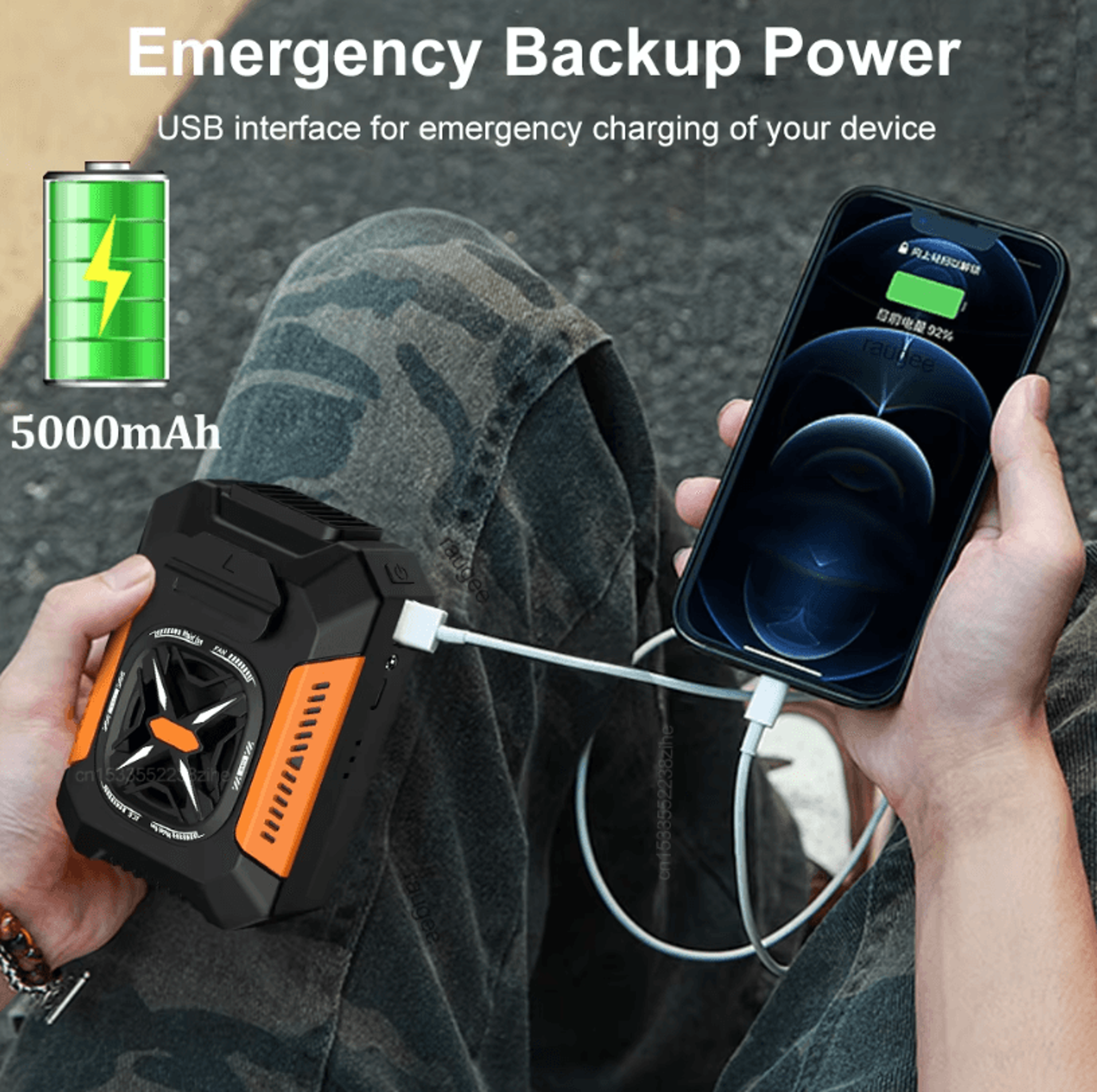 Portable USB Rechargeable Waist Clip Fan  5000mAh Outdoor Cooling Fan With Power Bank  LED Light 1