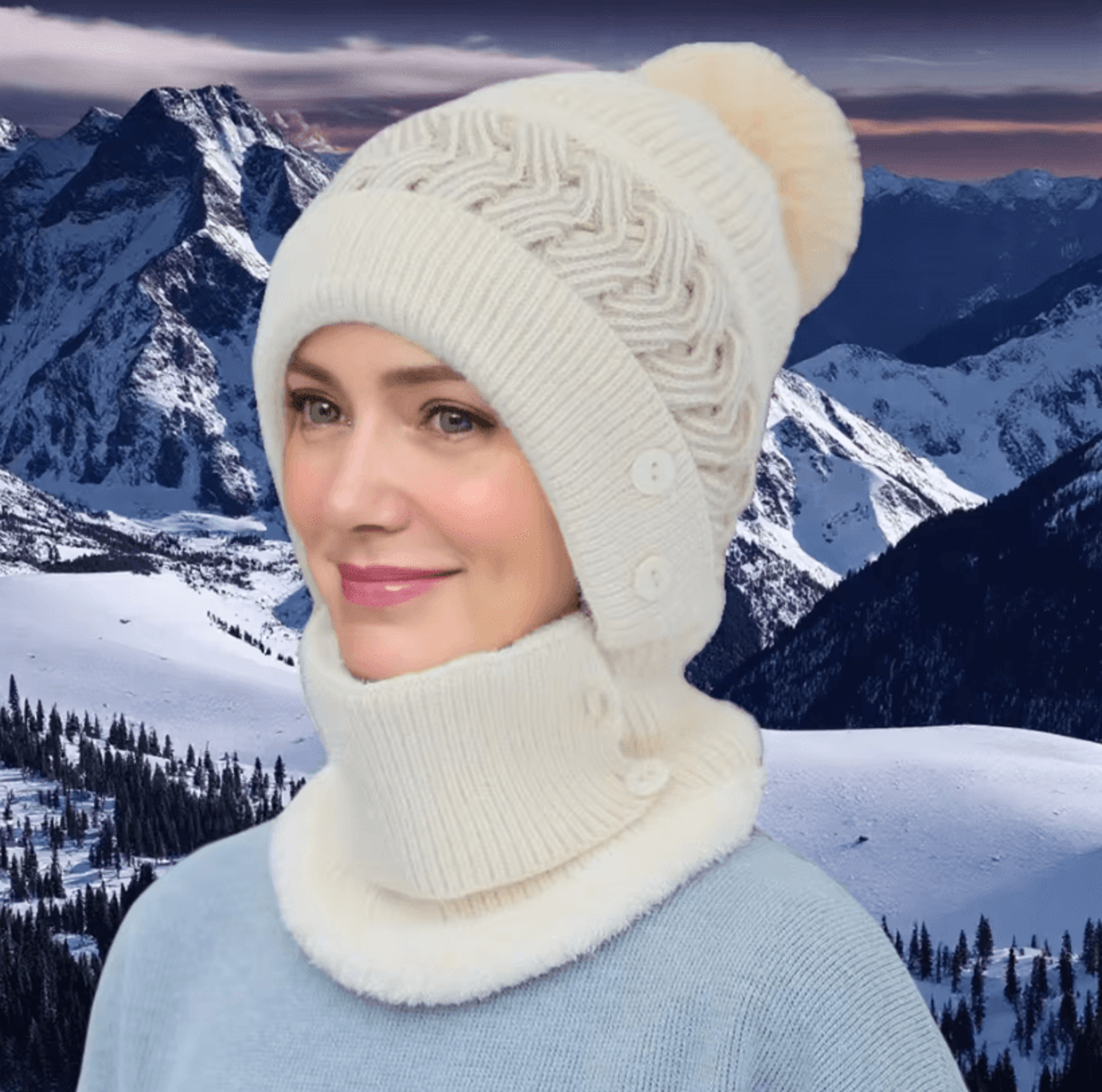 Plush Fur Lined Winter Warm Hat With Balaclava  Cute Pompoms Coldproof Cap For Women 21652283 In 1