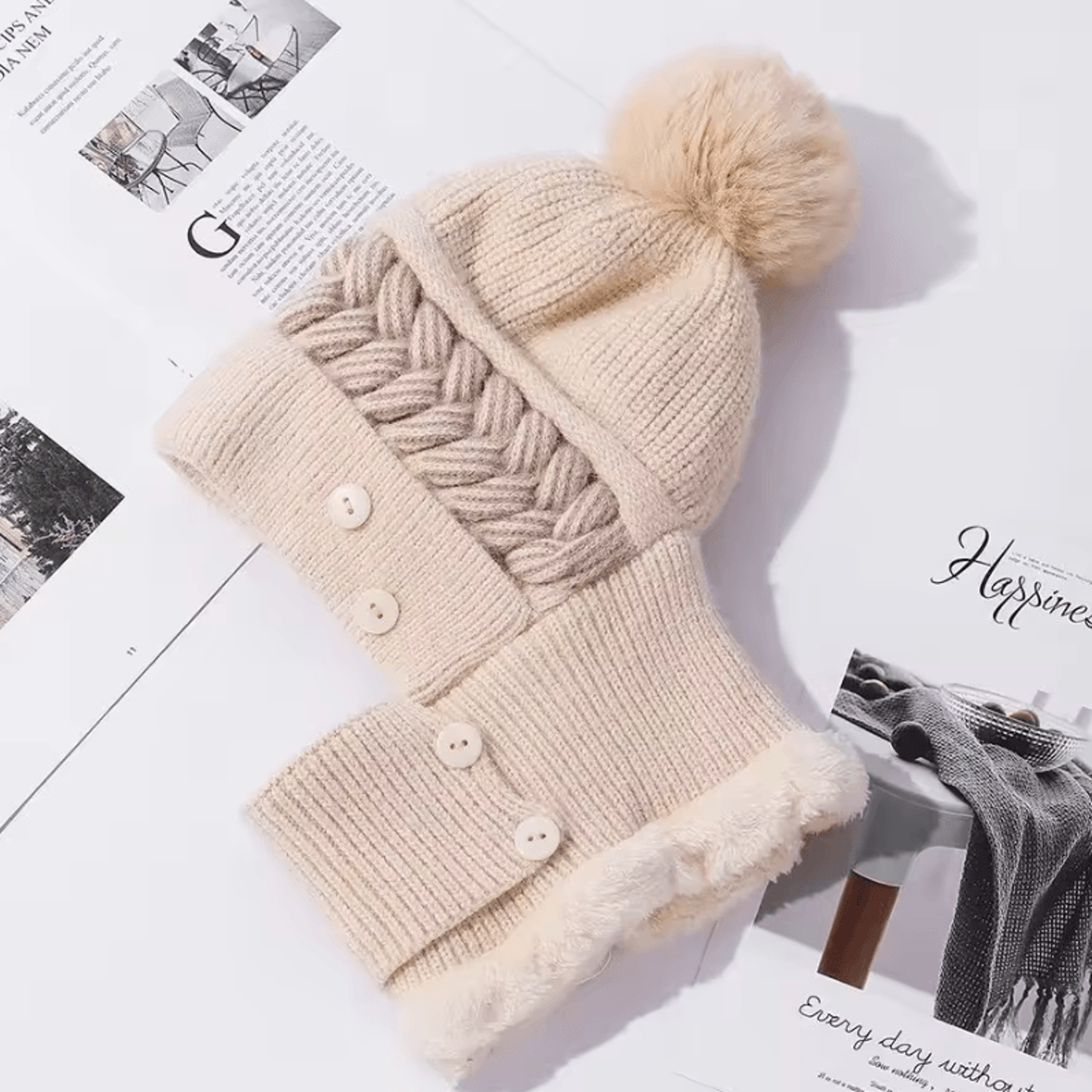 Plush Fur Lined Winter Warm Hat With Balaclava  Cute Pompoms Coldproof Cap For Women 21652283 In 6