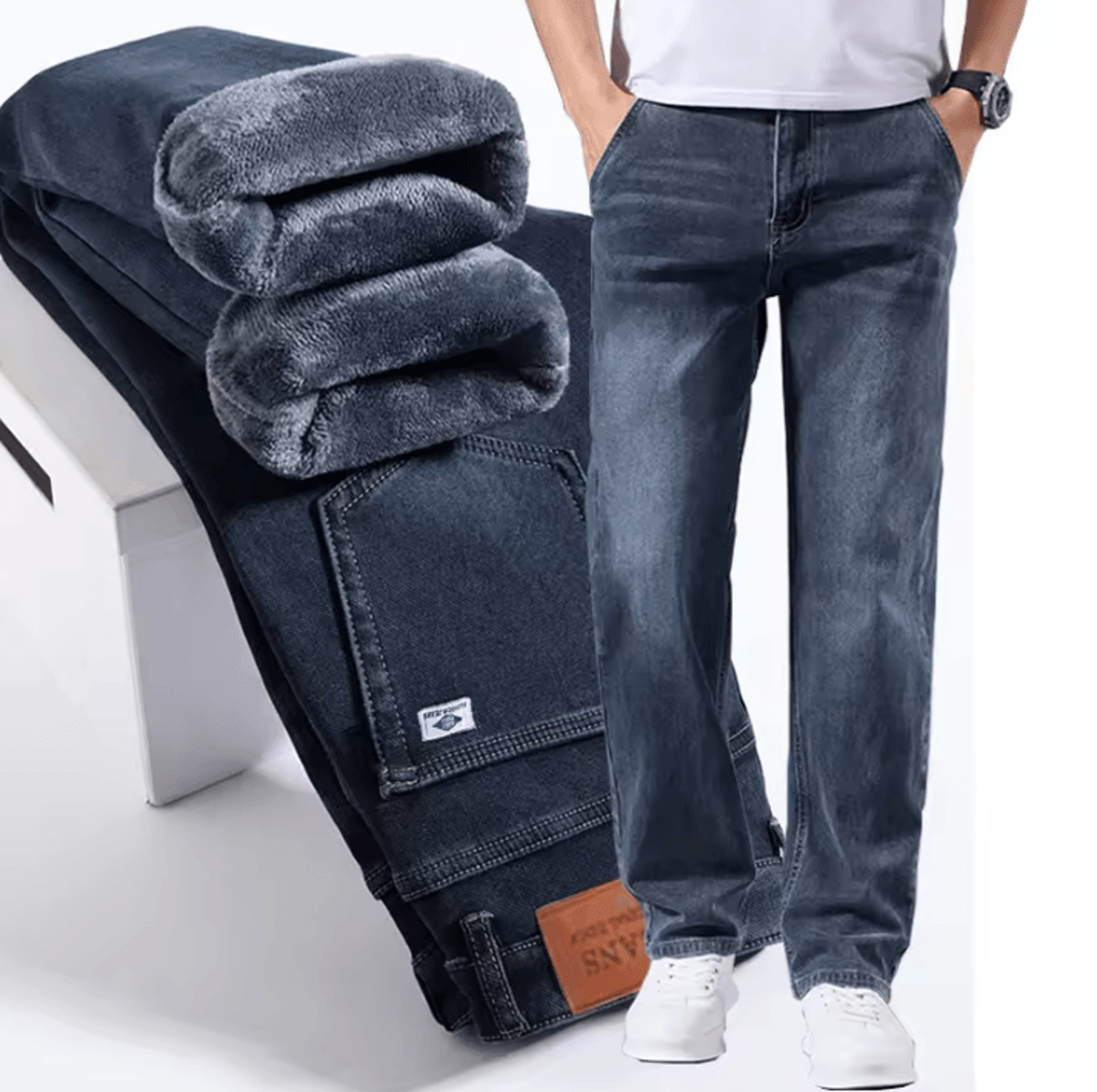 Mens Winter Warm Fleece Lined Stretch Casual Jeans  Lightweight Thermal Trousers For Office  Daily  0