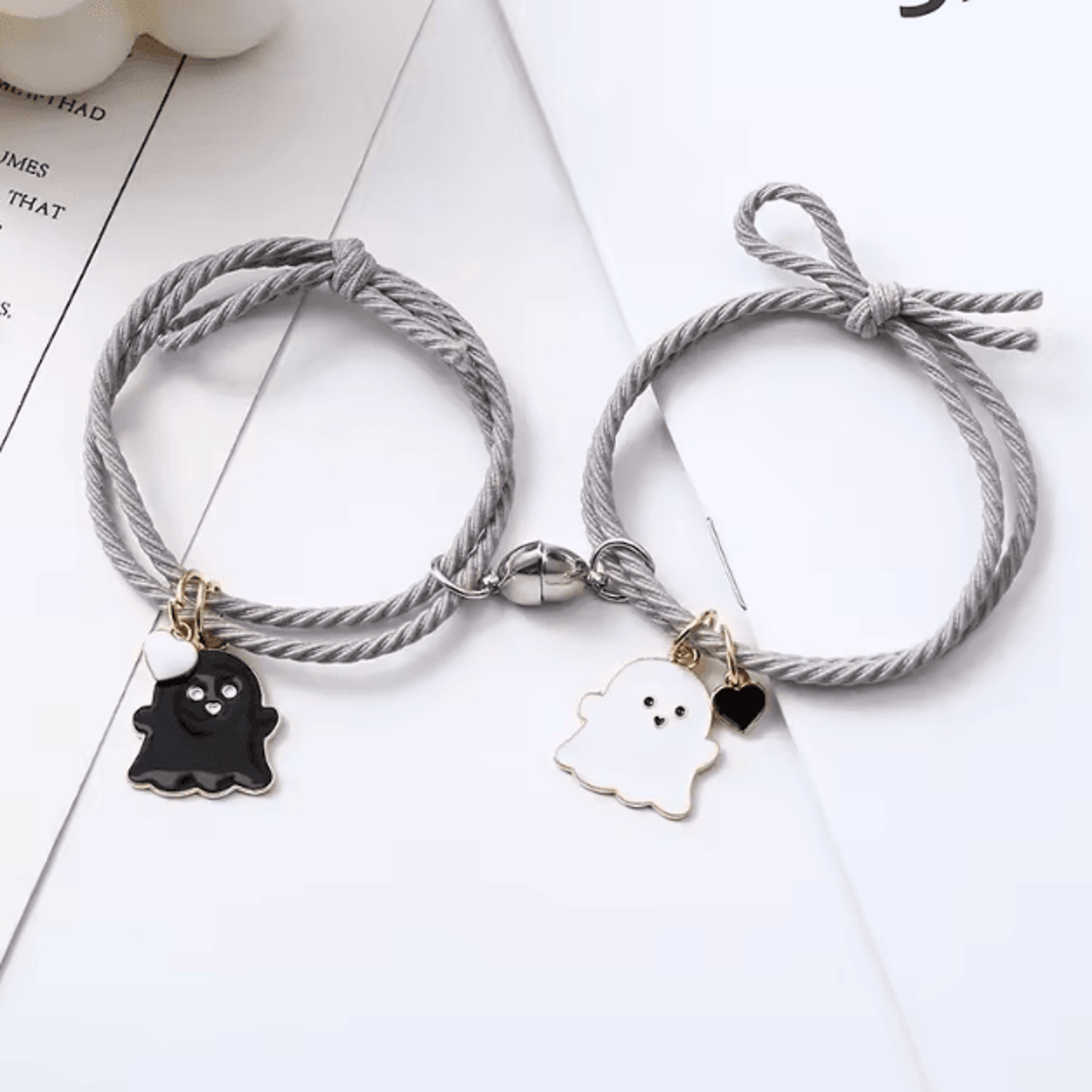 SpookLove Halloween Ghost Couple Bracelets Set  Braided Magnetic Heart LongDistance Promise Jewelry 3
