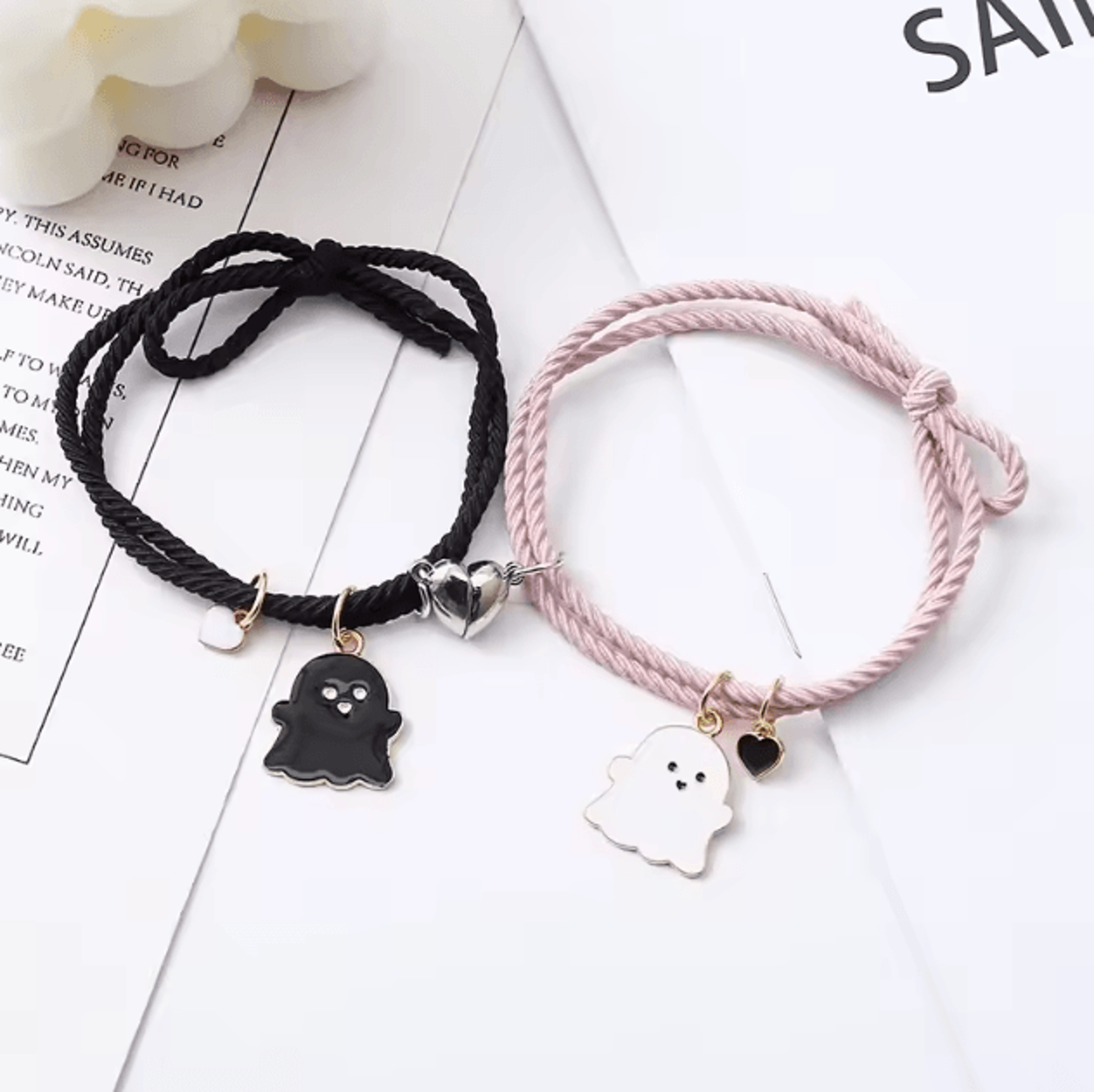 SpookLove Halloween Ghost Couple Bracelets Set  Braided Magnetic Heart LongDistance Promise Jewelry 6