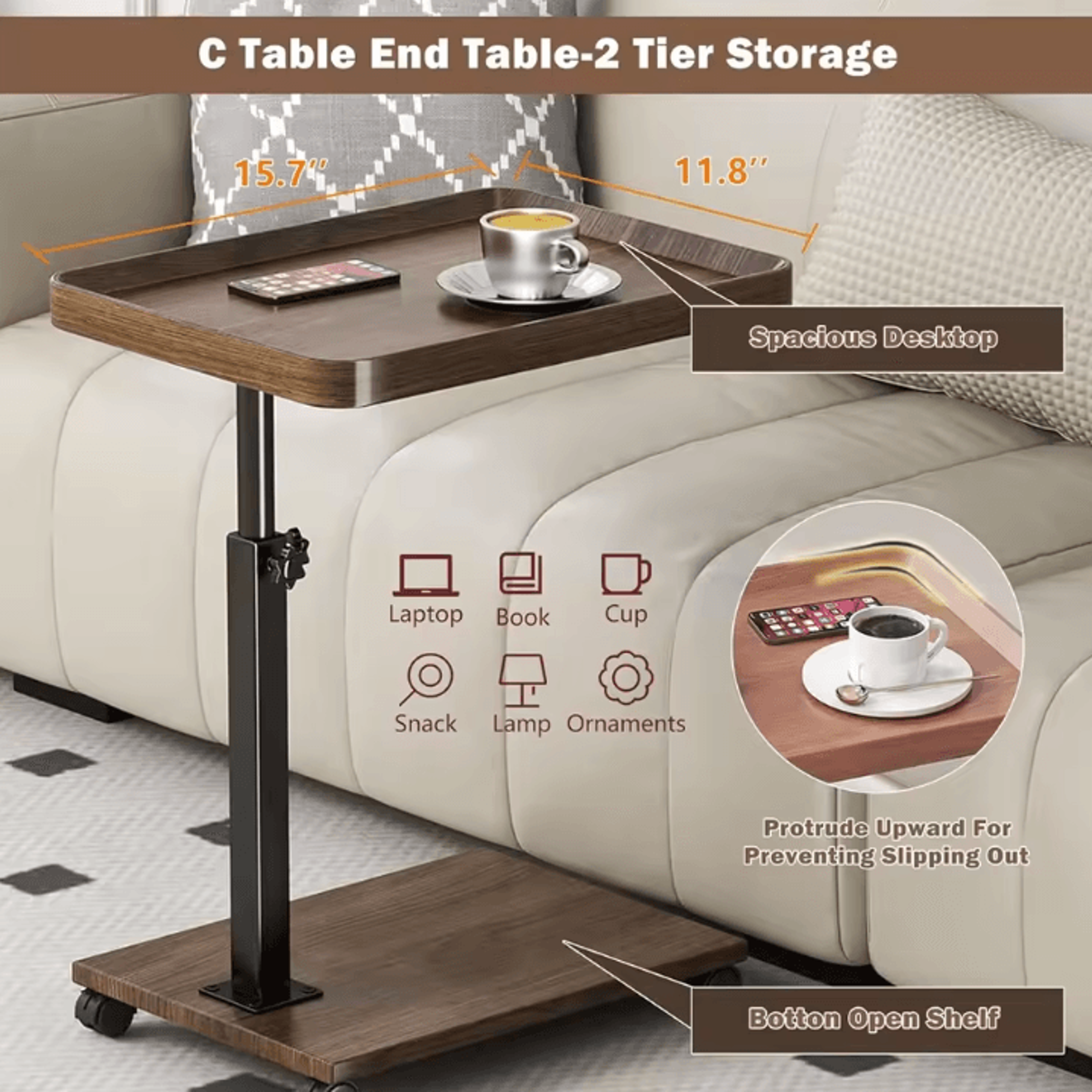 Adjustable Rolling Overbed Table Mobile Bedside Laptop Desk With 360 Rotatable Tray 1