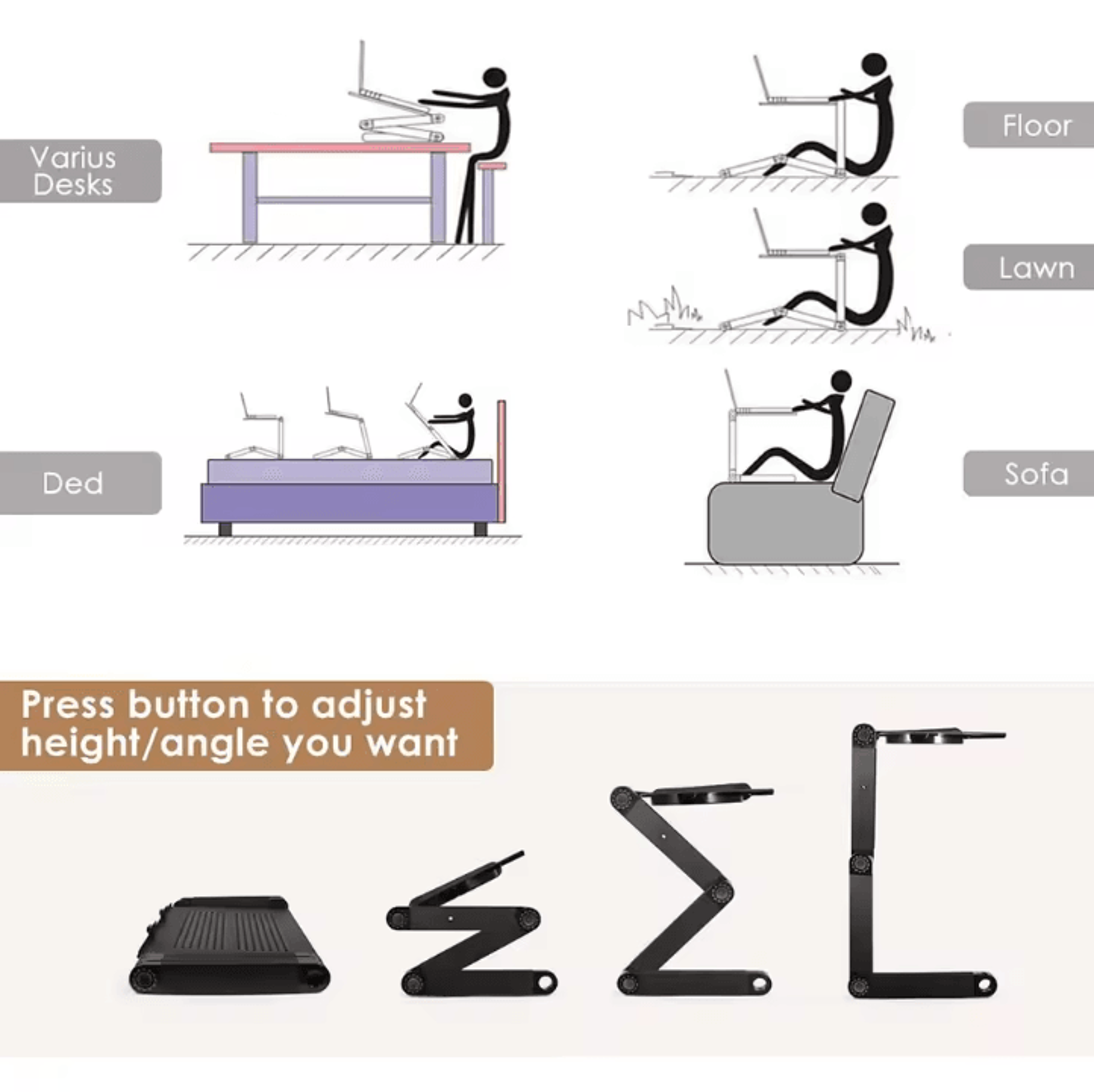 Adjustable Laptop Stand Foldable Aluminum Laptop Desk With Cooling Fan And Mouse Pad For Bed Sofa 4