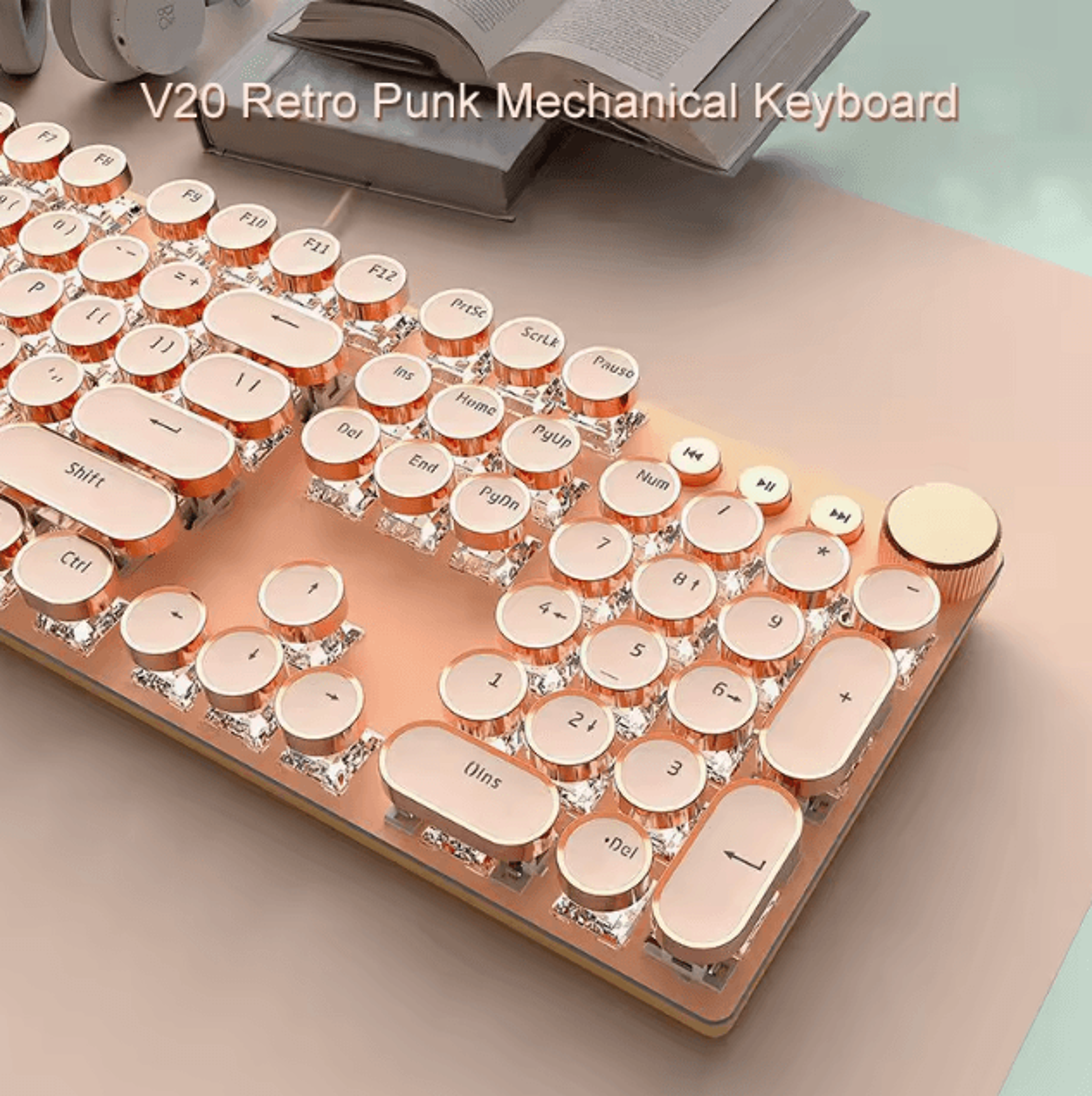 EWEADN V20 Punk Typewriter Mechanical Gaming Keyboard With Round Keycaps And Backlight 8