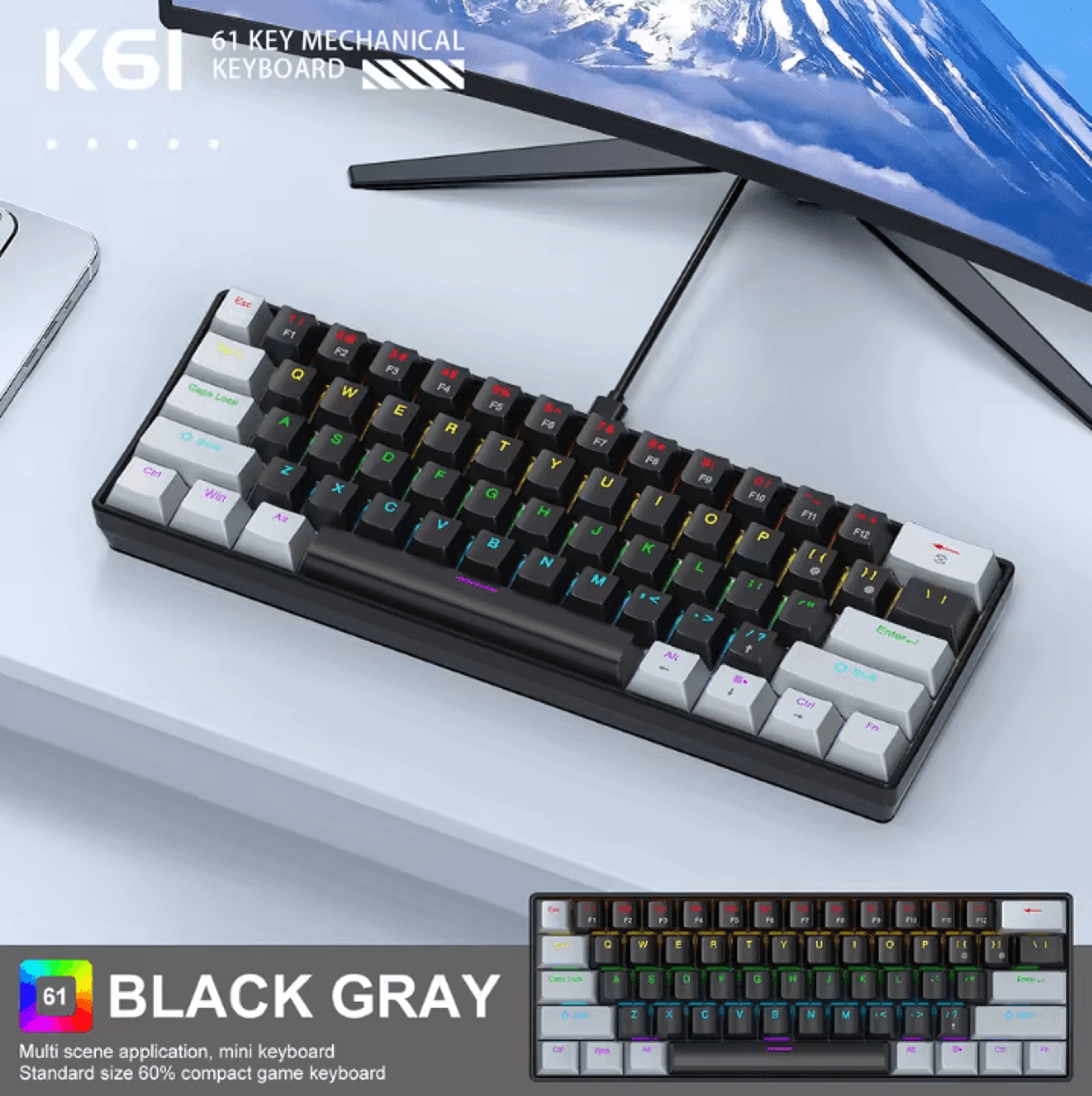 APAYADO K61 Mini Mechanical Keyboard Wired 61 Keys Phantom RGB Portable Gaming Keyboard 8