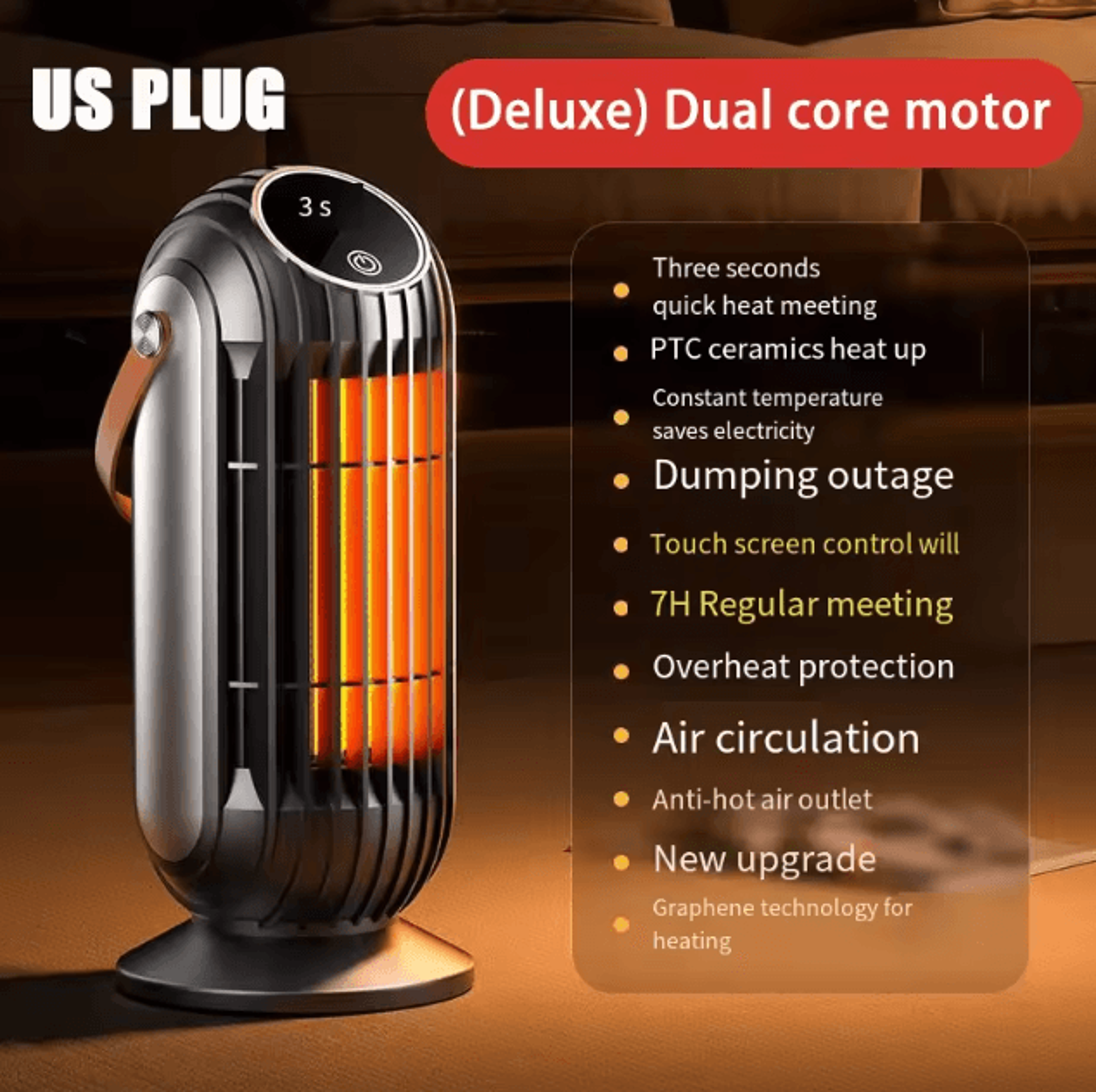 2000W Intelligent Desktop PTC Ceramic Heater  Fast Heating Portable Space Heater With 4 Heat Settin 7