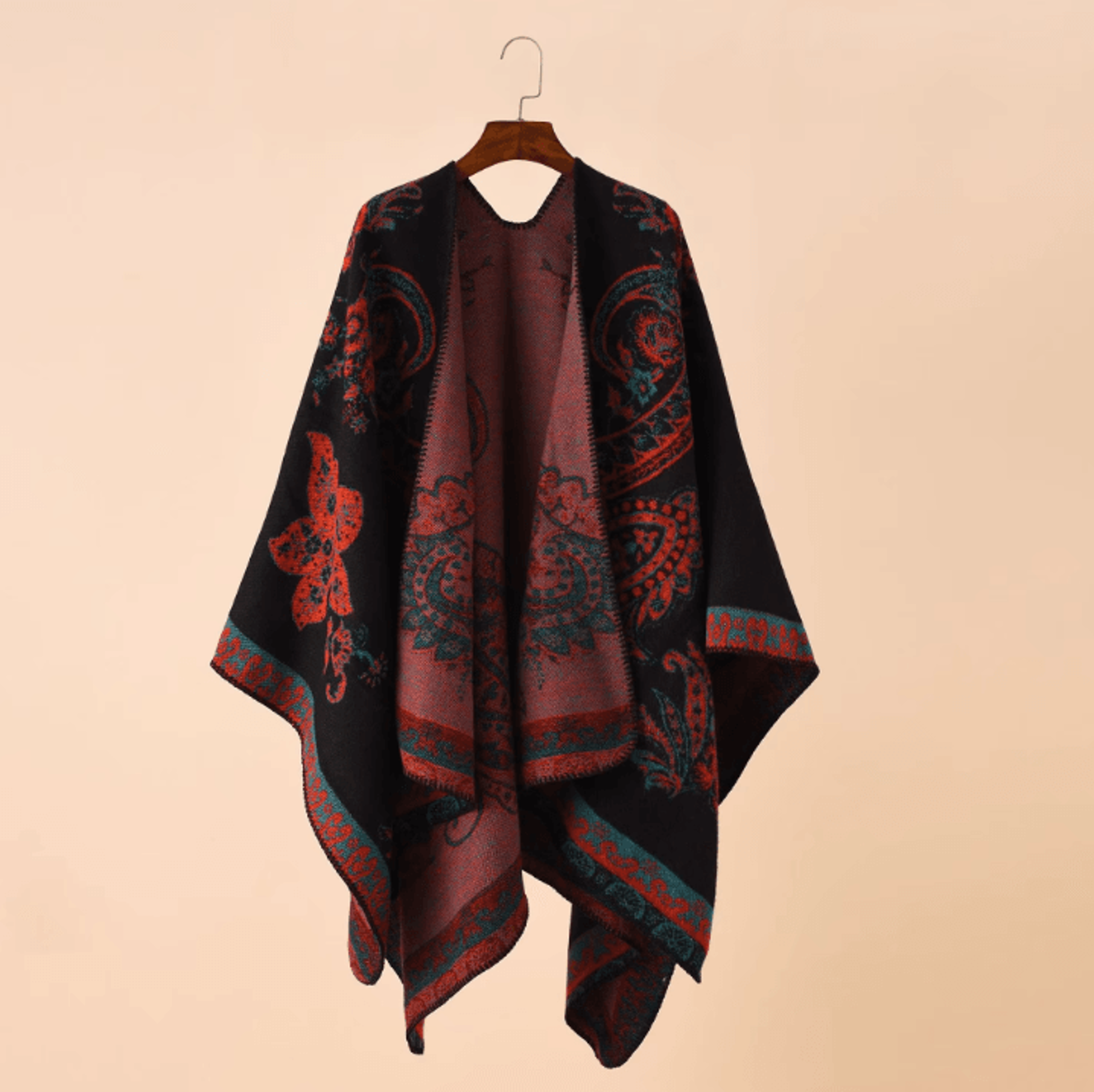 One Size Red Geometric Cashmere Poncho Cape  Warm Womens Shawl Cloak Wrap With Lattice Flower Patte 2