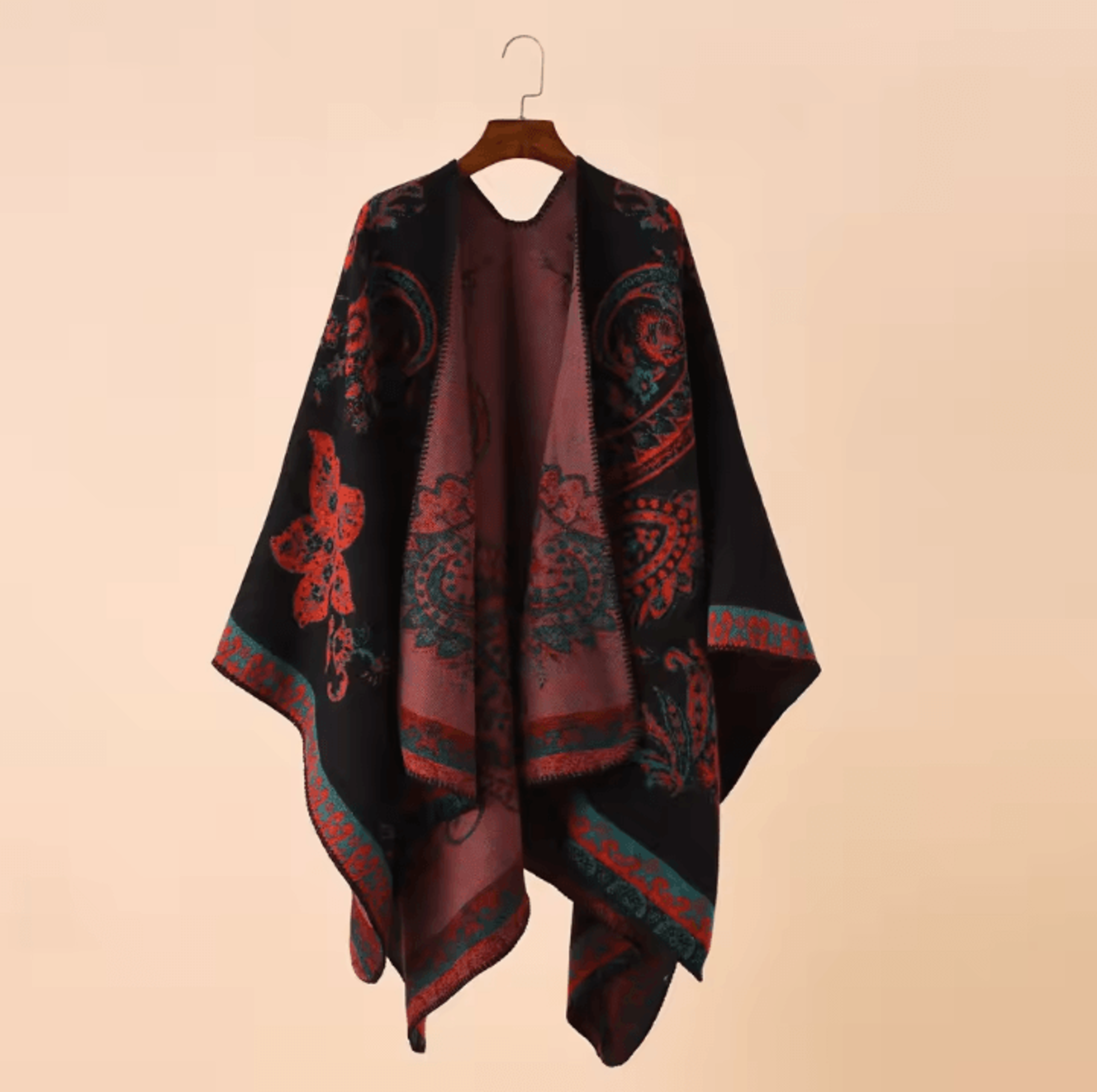 One Size Red Geometric Cashmere Poncho Cape  Warm Womens Shawl Cloak Wrap With Lattice Flower Patte 5