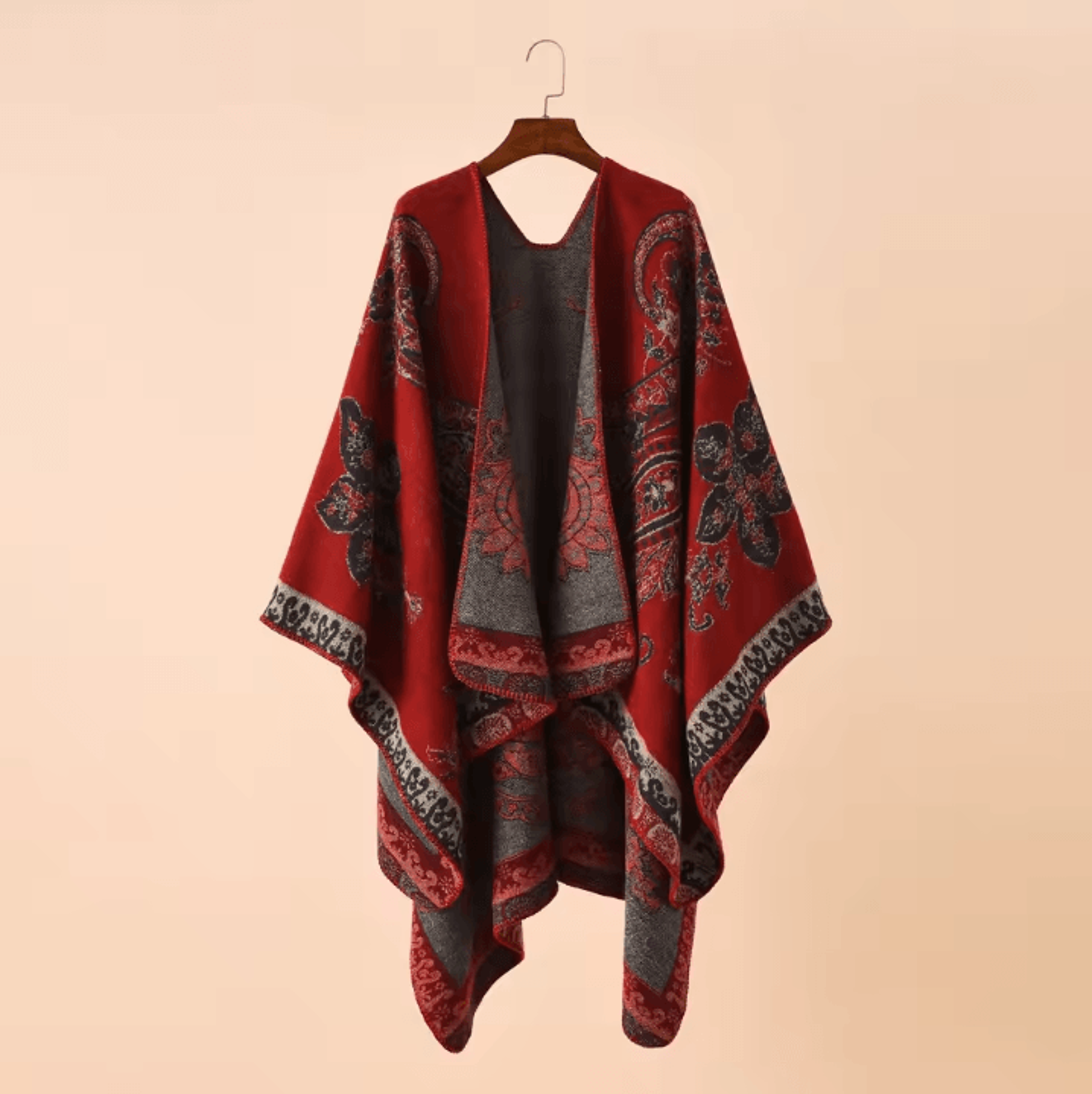 One Size Red Geometric Cashmere Poncho Cape  Warm Womens Shawl Cloak Wrap With Lattice Flower Patte 7