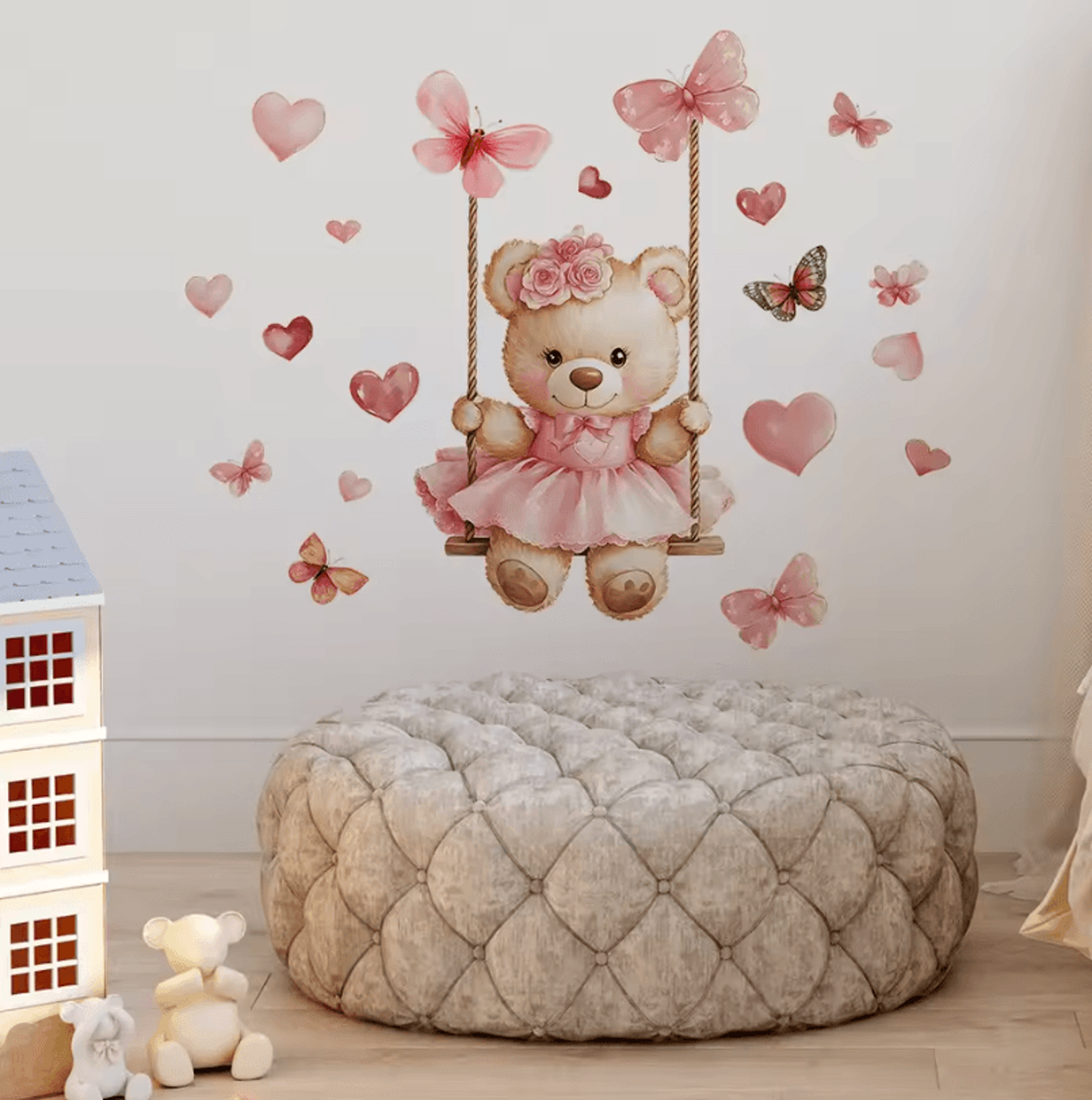 Cute Bear Swing Wall Stickers With Butterflies  Peel  Stick Kids Room Decor Decals 2
