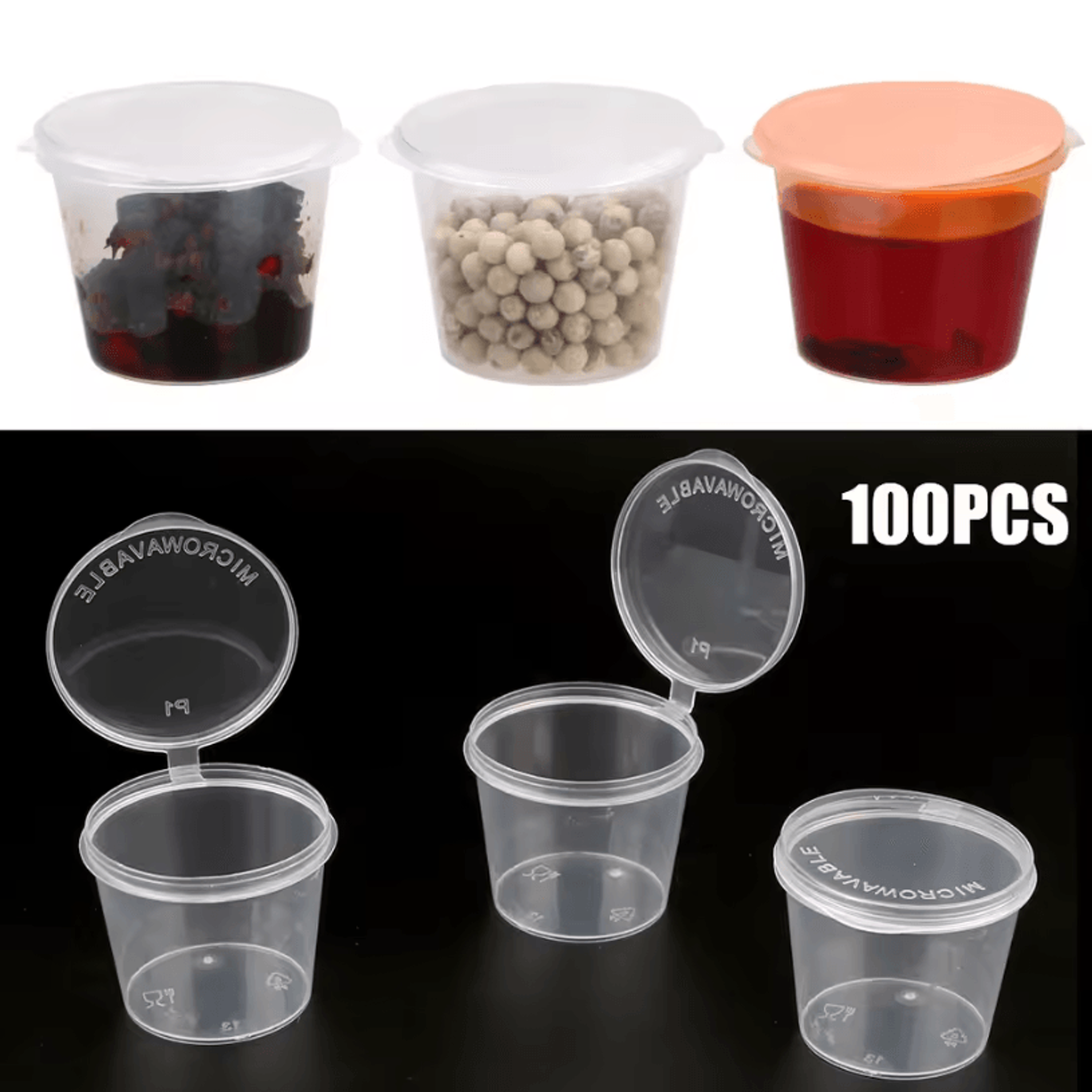 100PCS Disposable Sauce Cups With Lids  Clear Plastic Portion Cups For Condiments  Food Storage 0