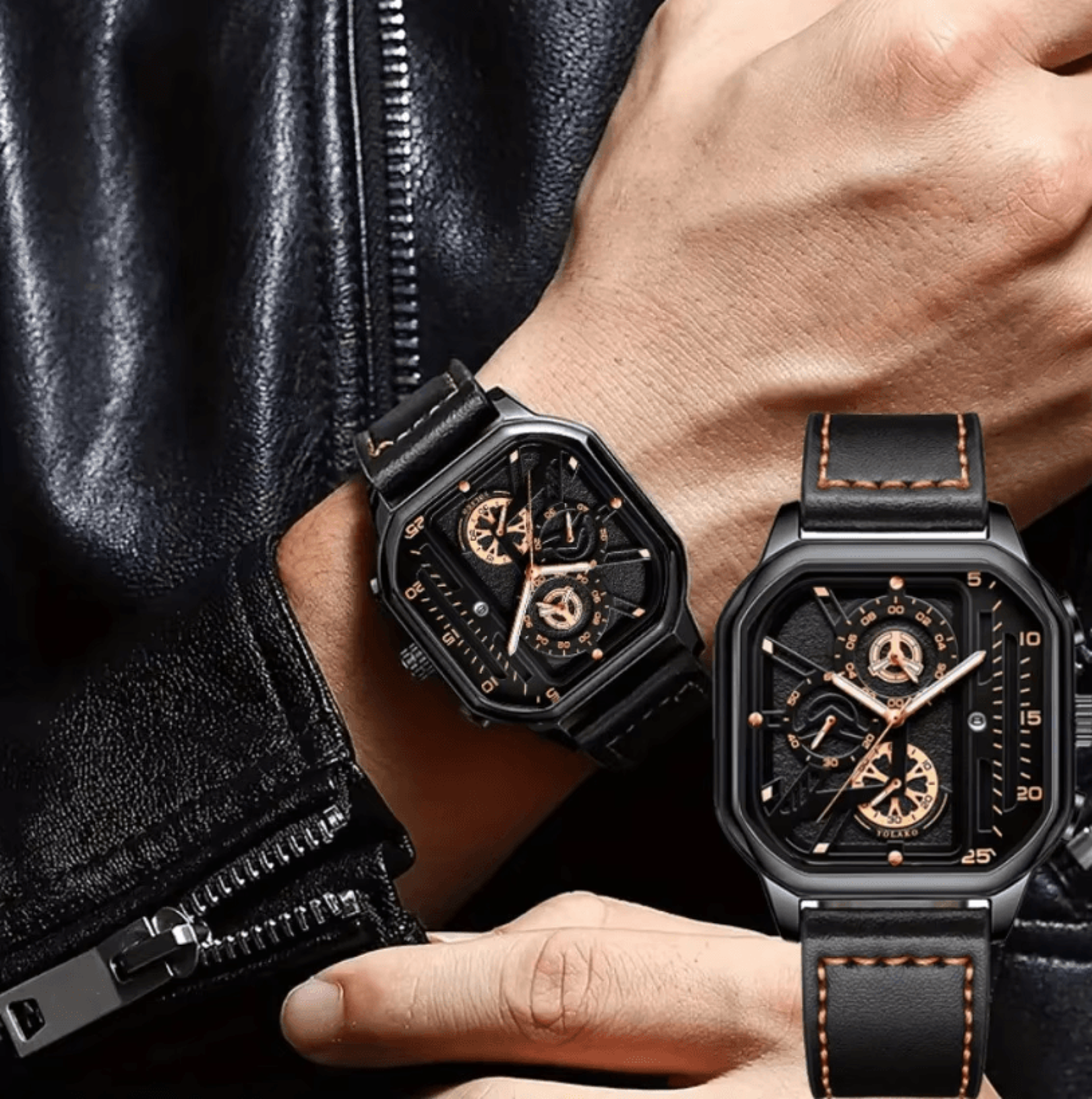 Mens Square Big Dial Watch PU Leather Strap Quartz Casual Sports Wristwatch 2
