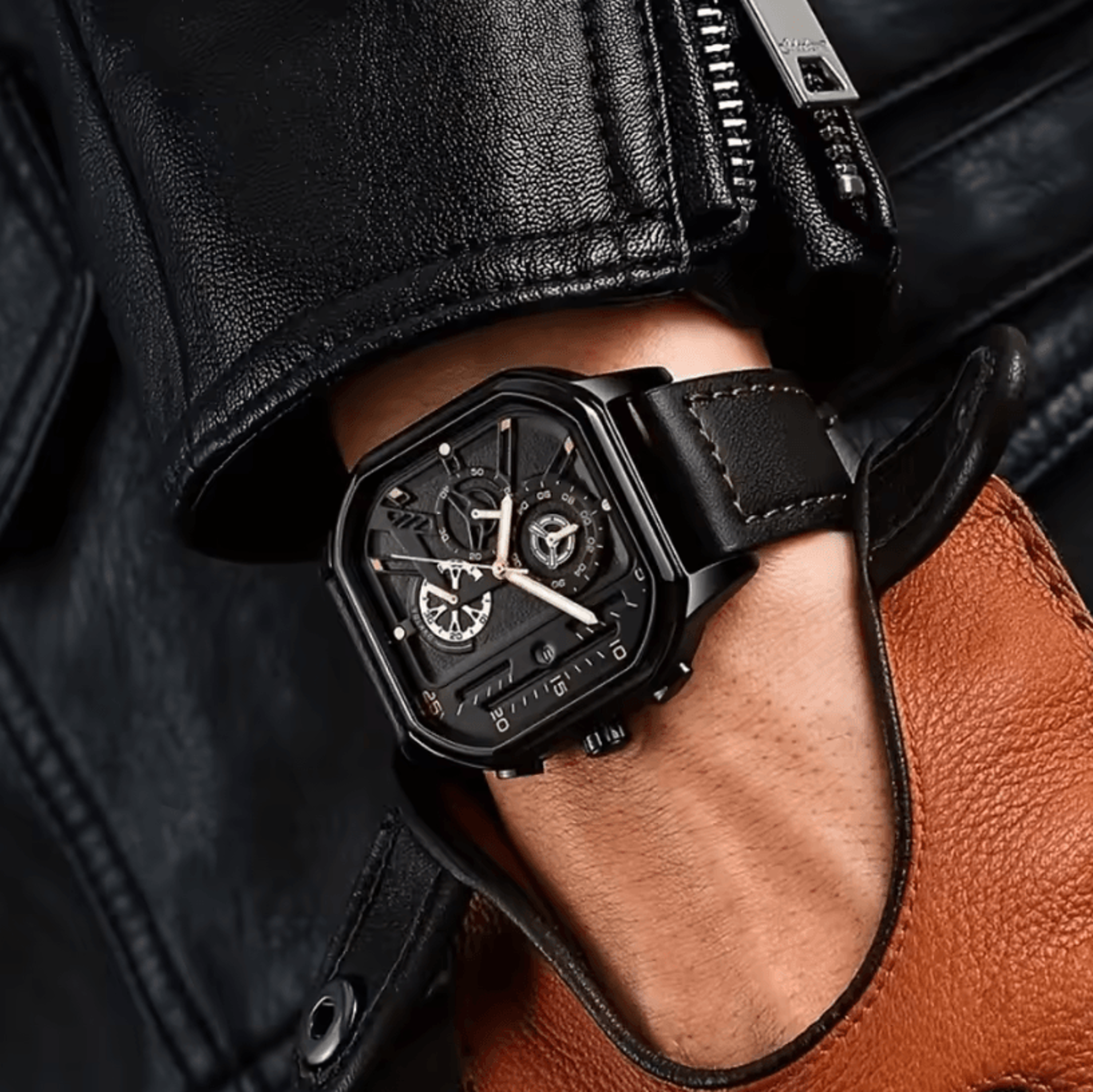 Mens Square Big Dial Watch PU Leather Strap Quartz Casual Sports Wristwatch 3