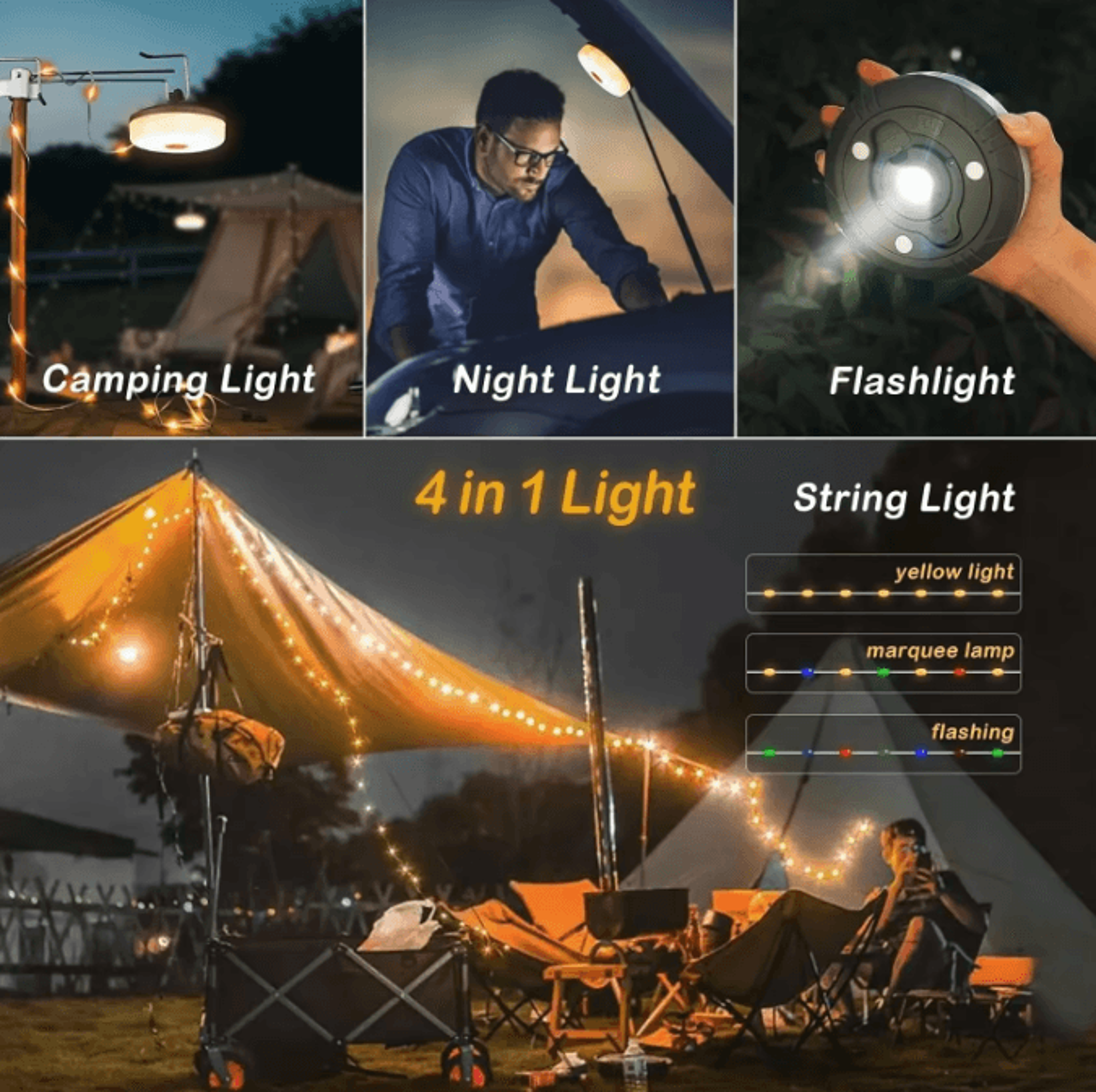 4in1 LED Camping String Lights With Retractable Reel  USB Recharge 3