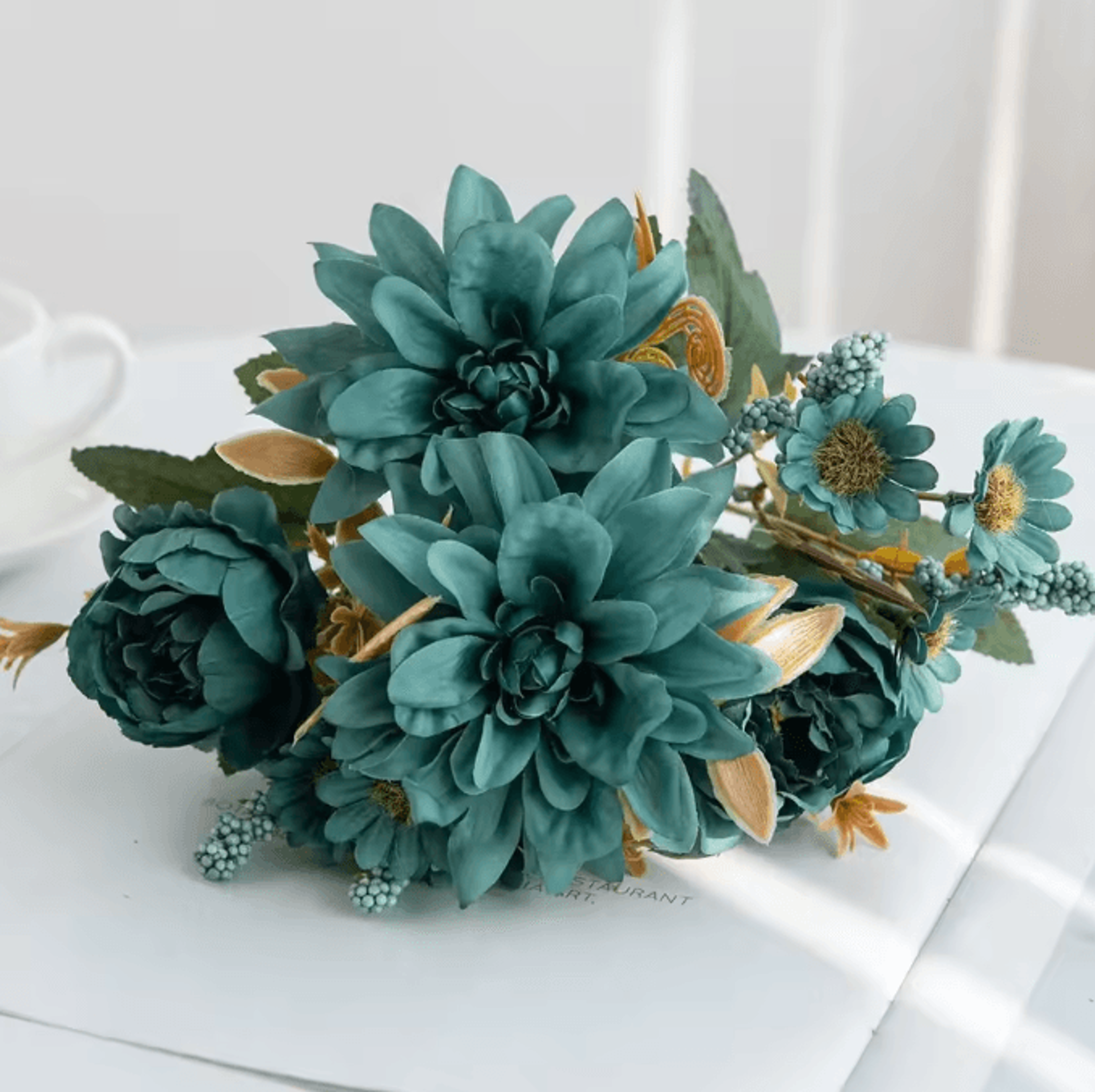 Lifelike Silk Dahlia Rose Daisy Bouquet For Home  Event Decor 8