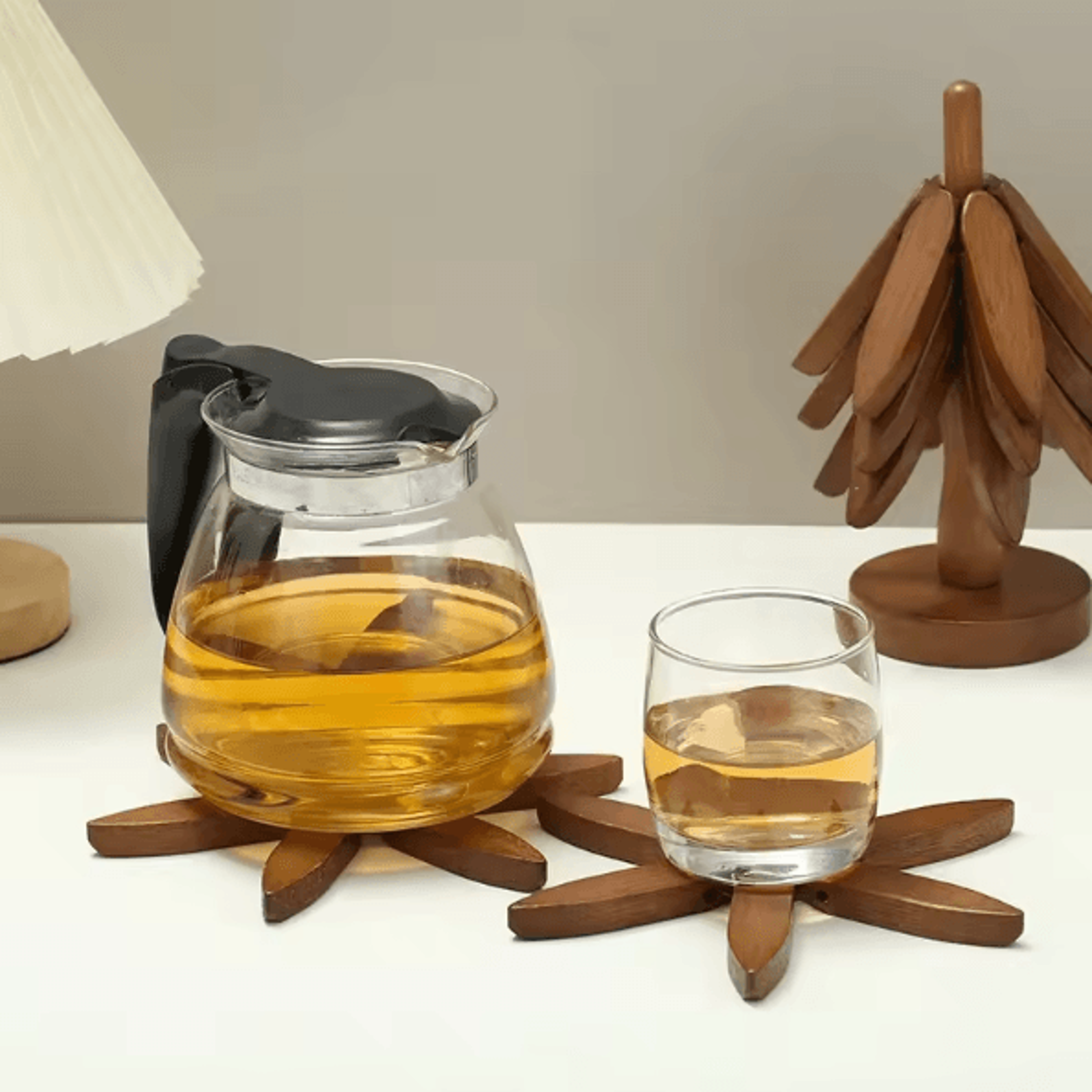 Tree Design Wooden Trivet Set  HeatResistant Table Mats With Decorative Stand 1