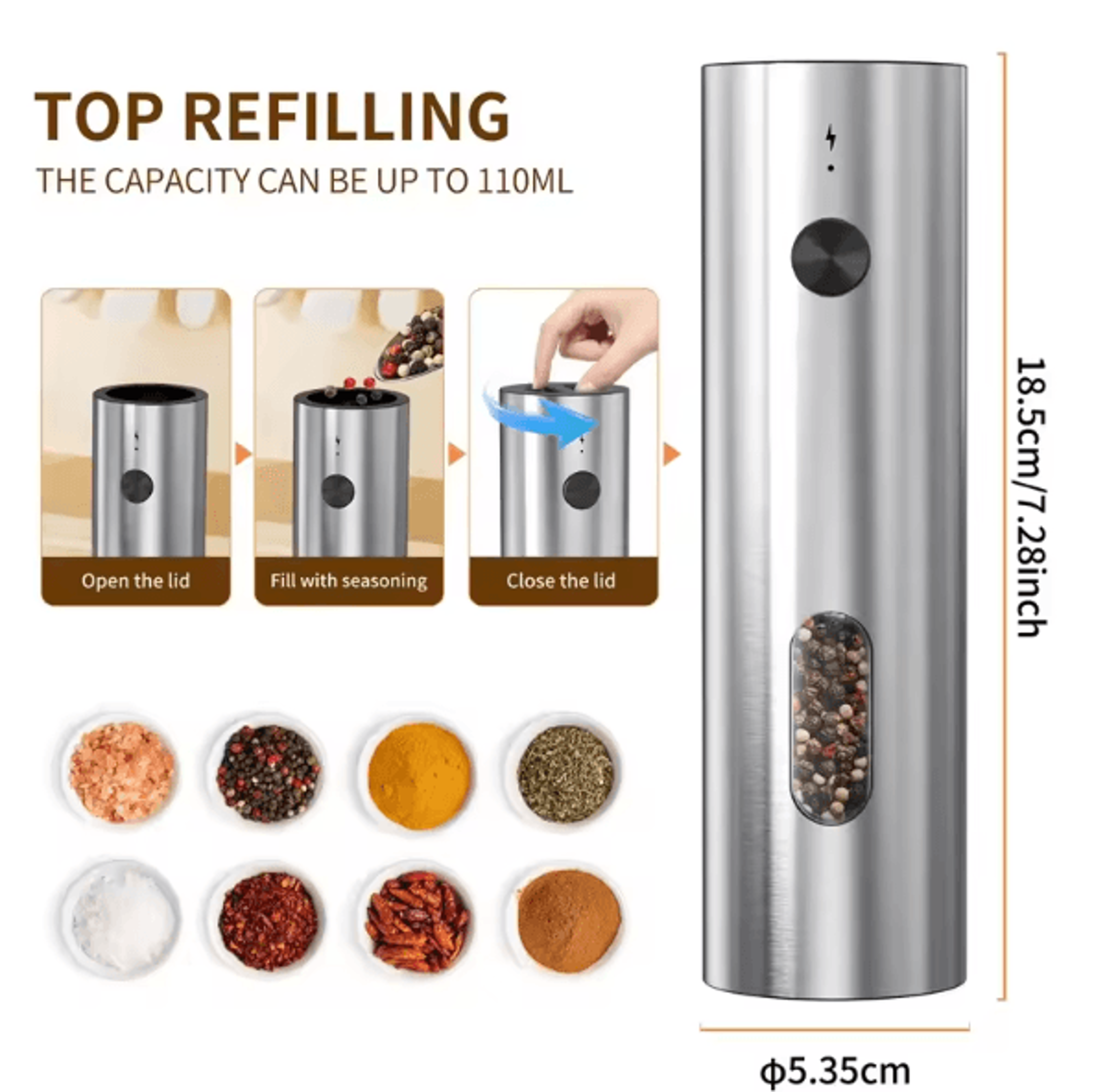 GrindElite 110ml USBC Electric Salt  Pepper Grinder Set With LED Indicator 4