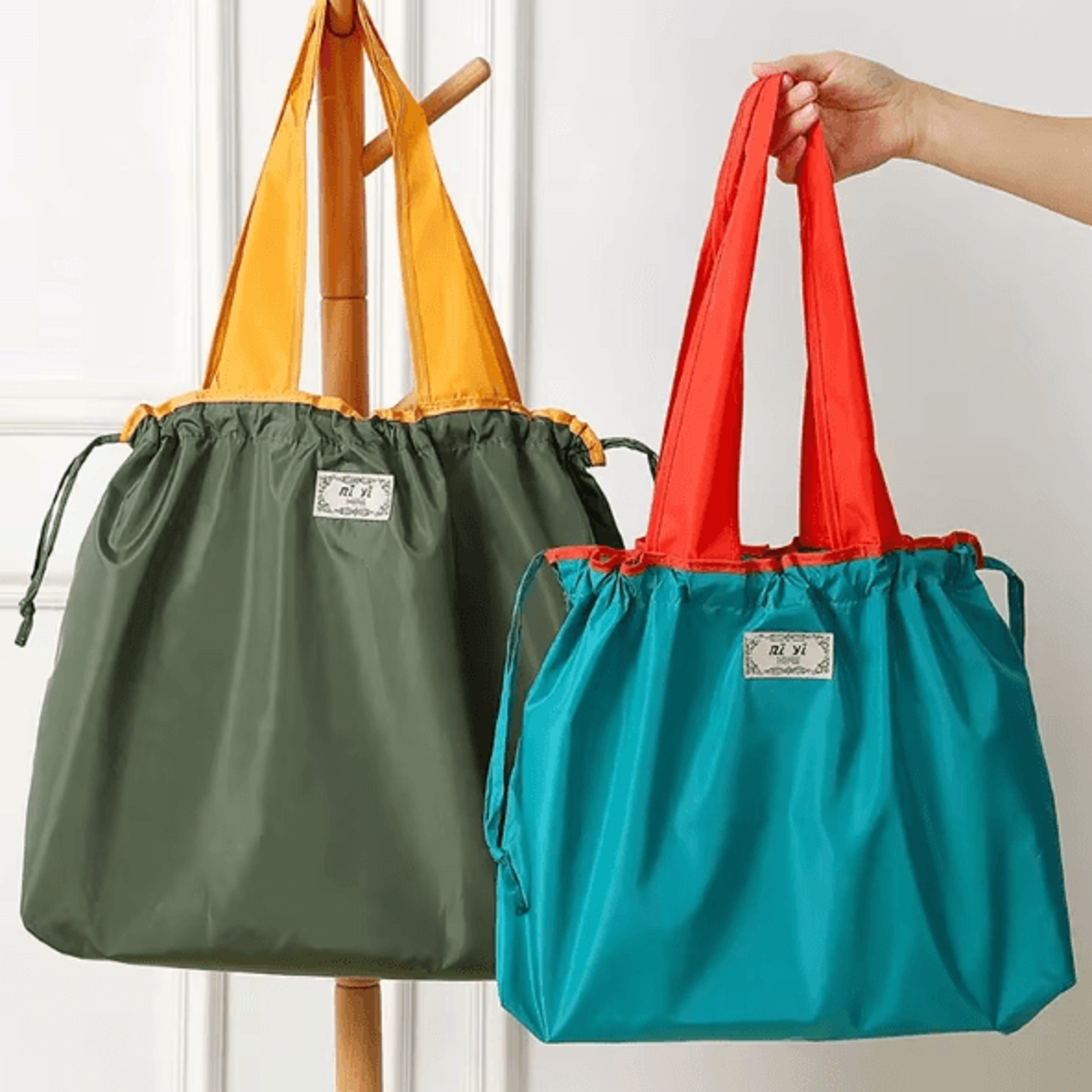 EcoCarry Foldable Reusable Grocery Shoulder Bag With Drawstring Closure 0