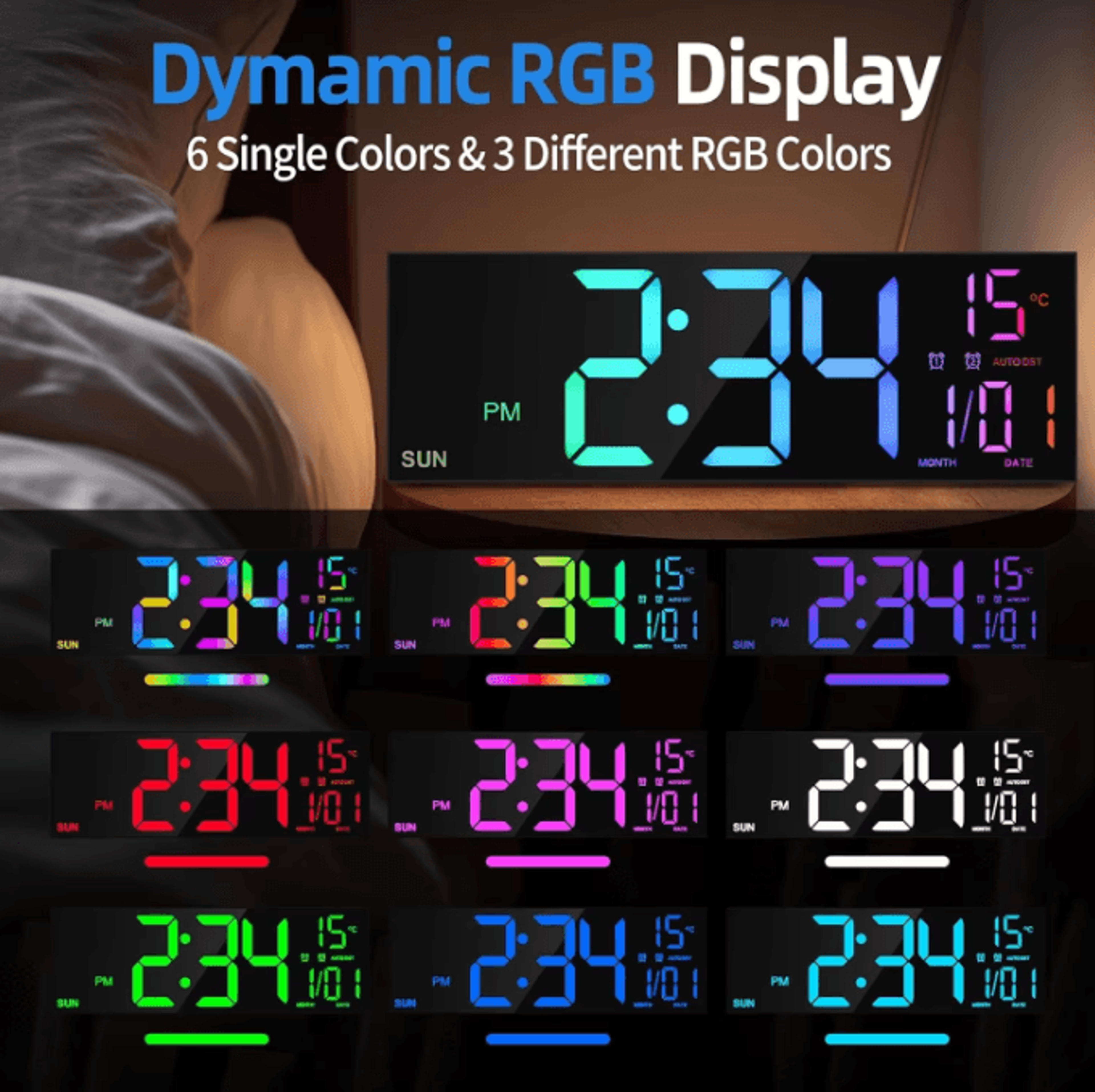 162Inches Large LED Digital Wall Clock With Remote  RGB Color Display Dual Alarm AutoDimming Modern 1