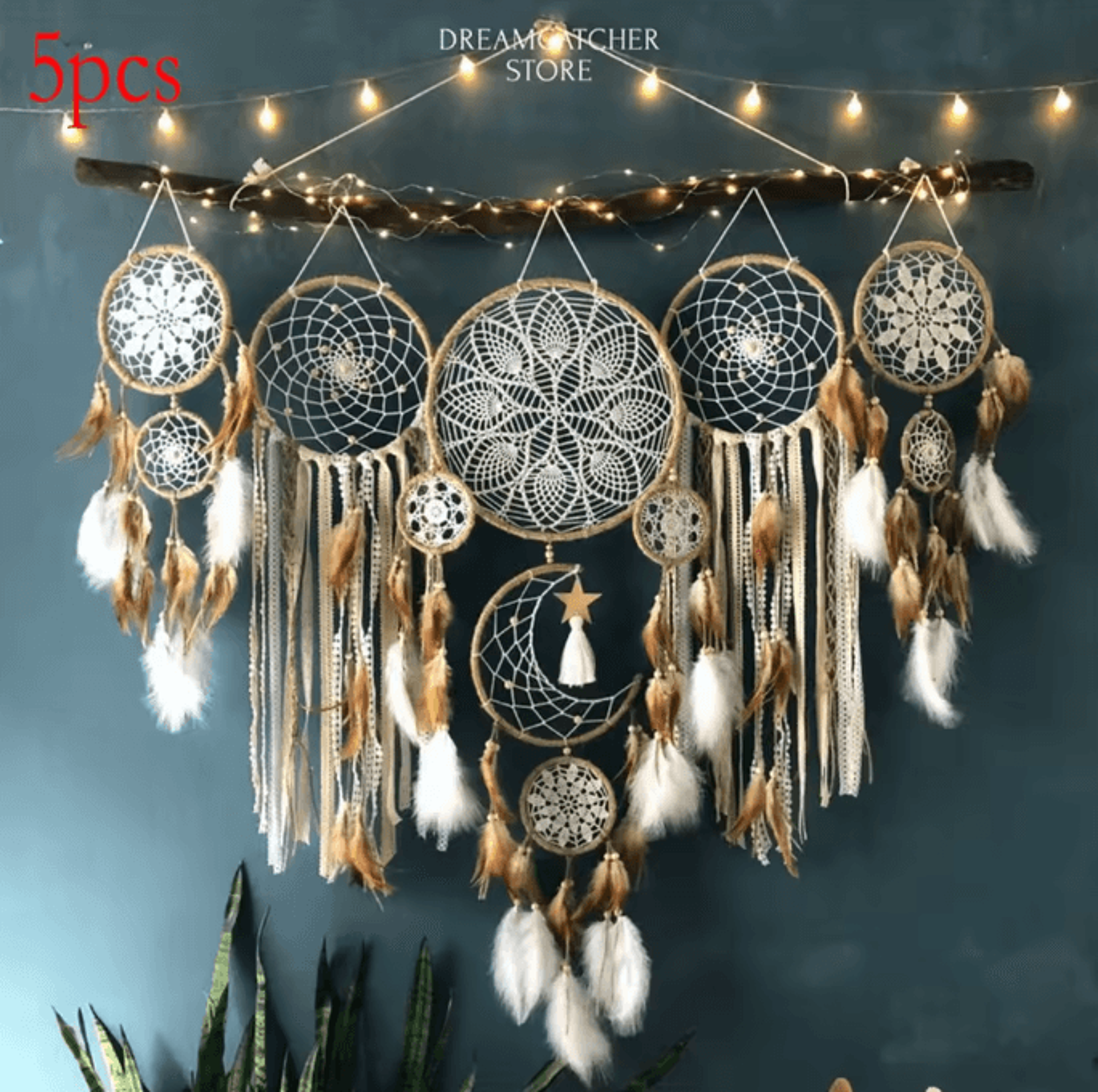 5Piece Moon Dream Catcher Wall Decor Set  Boho Macrame Hanging With Sun  Moon Design For Bedroom 0