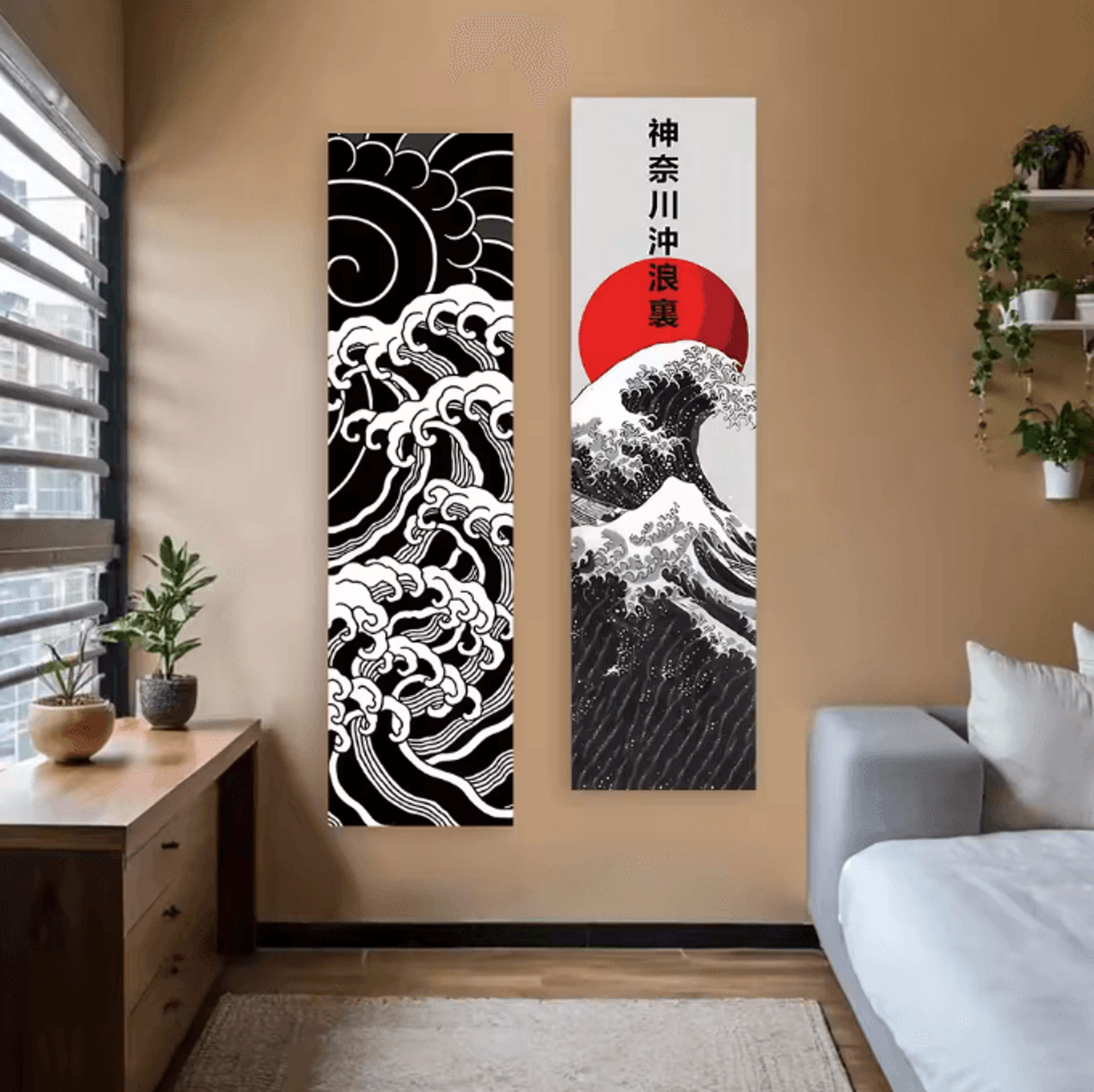 Black Ocean Wave Red Sun Tapestry  Japanese Ukiyoe Great Wave Wall Hanging Aesthetic Decor 6