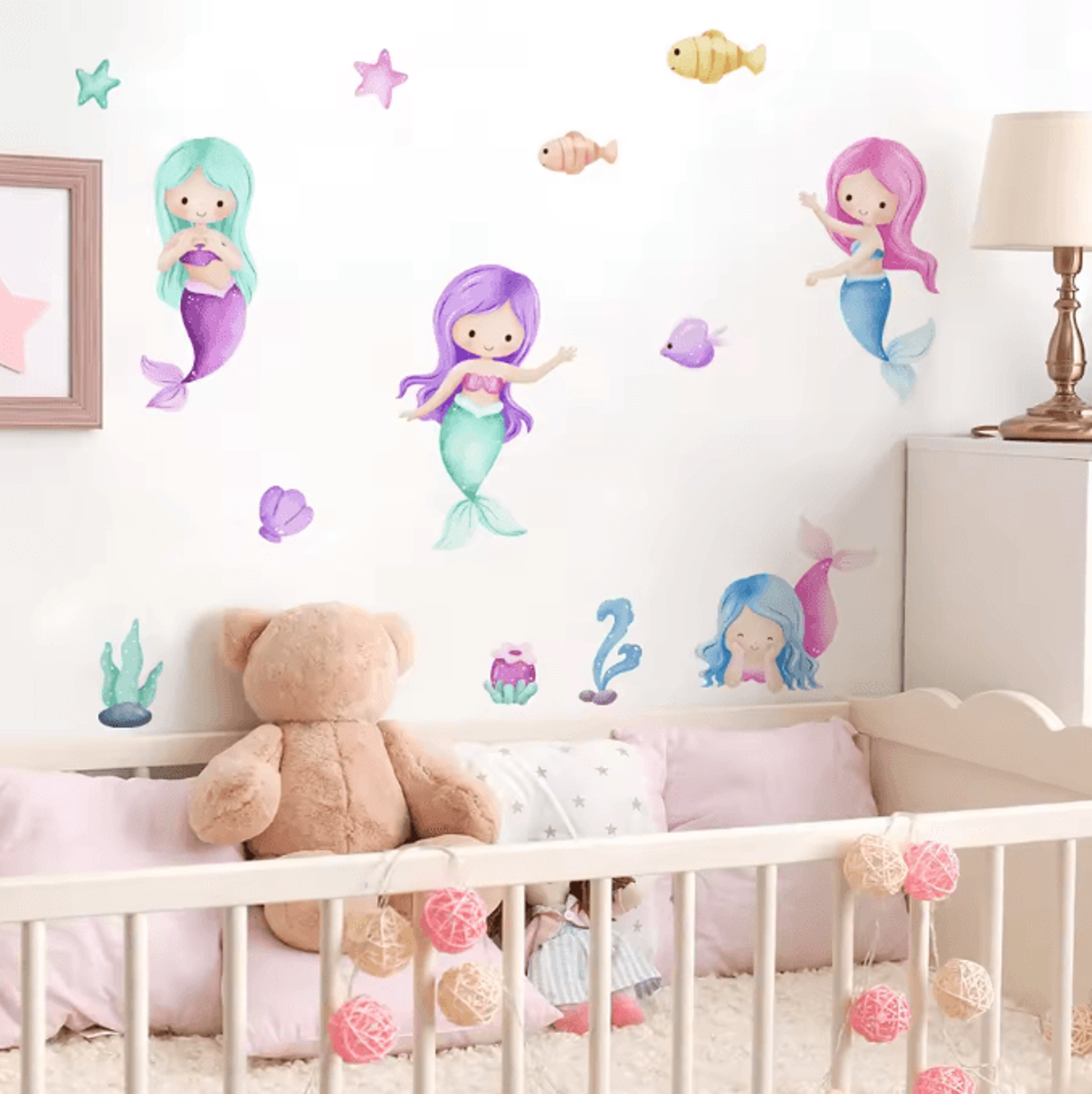 Cartoon Mermaid Watercolor Wall Stickers  Under The Sea Nursery Wall Decals For Girls Room Decor 0