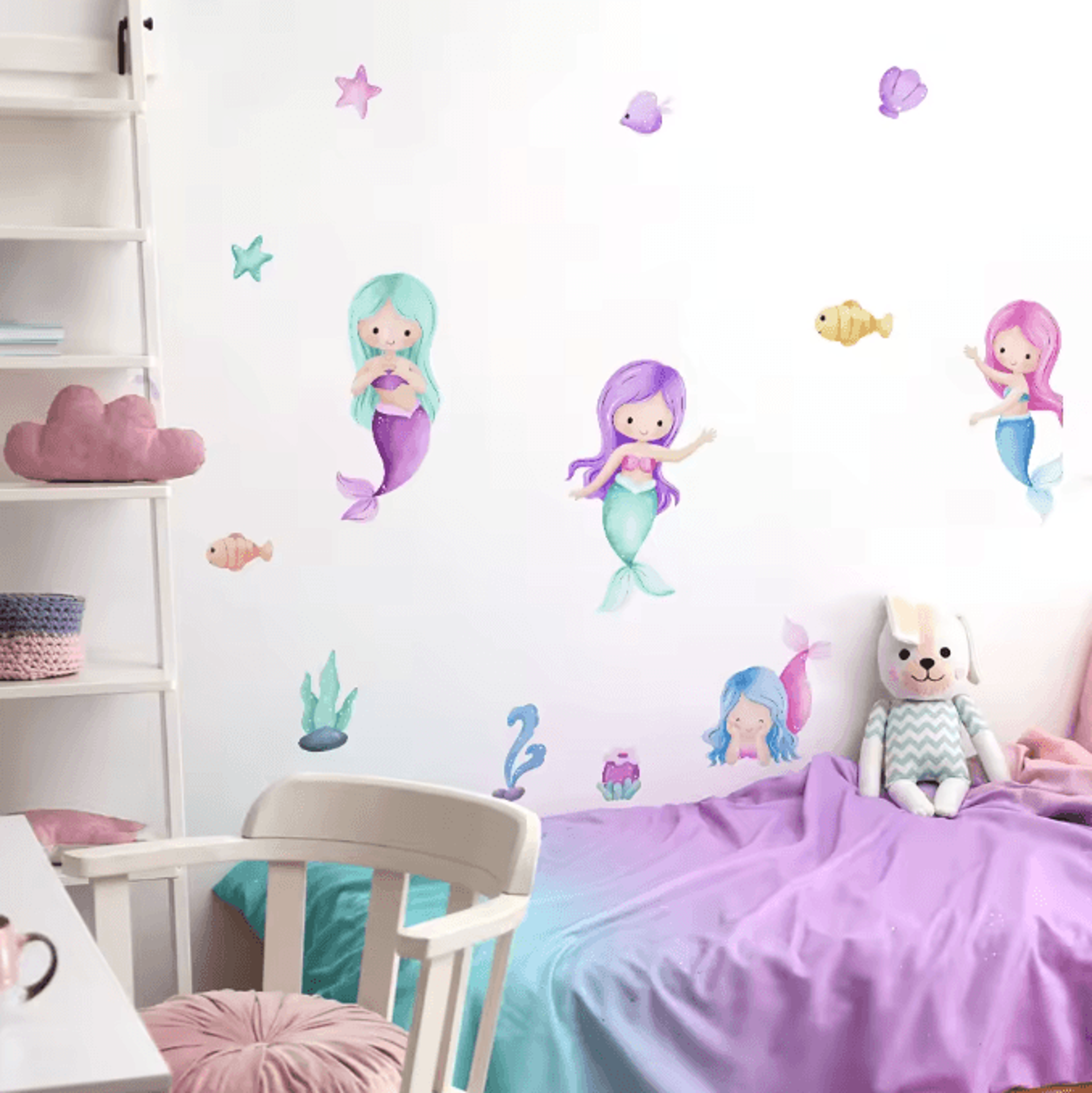 Cartoon Mermaid Watercolor Wall Stickers  Under The Sea Nursery Wall Decals For Girls Room Decor 1