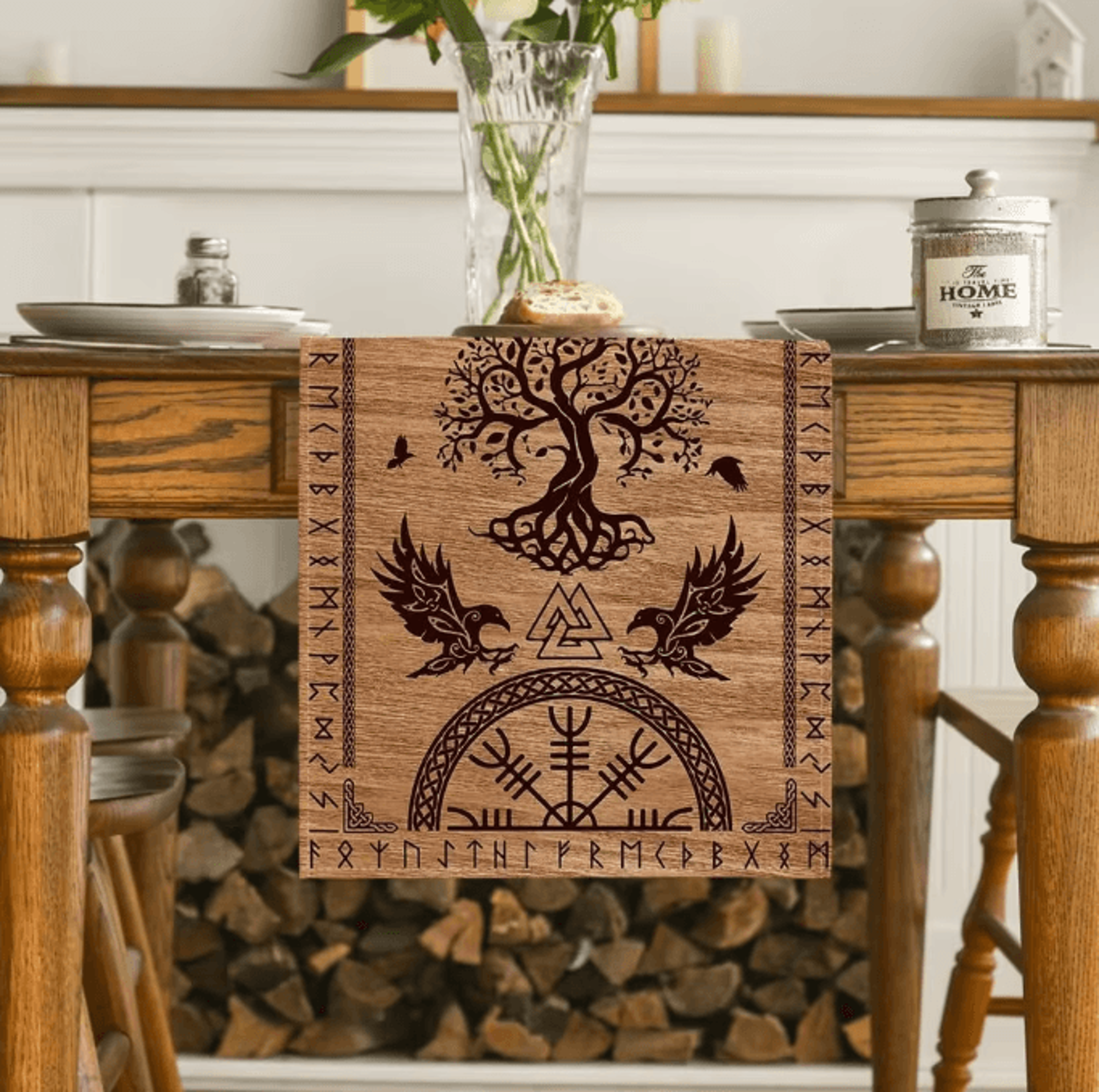 Viking Raven Helmet Of Awe Linen Table Runner Norse Mythology Dining Decor Reusable Holiday Table A 0
