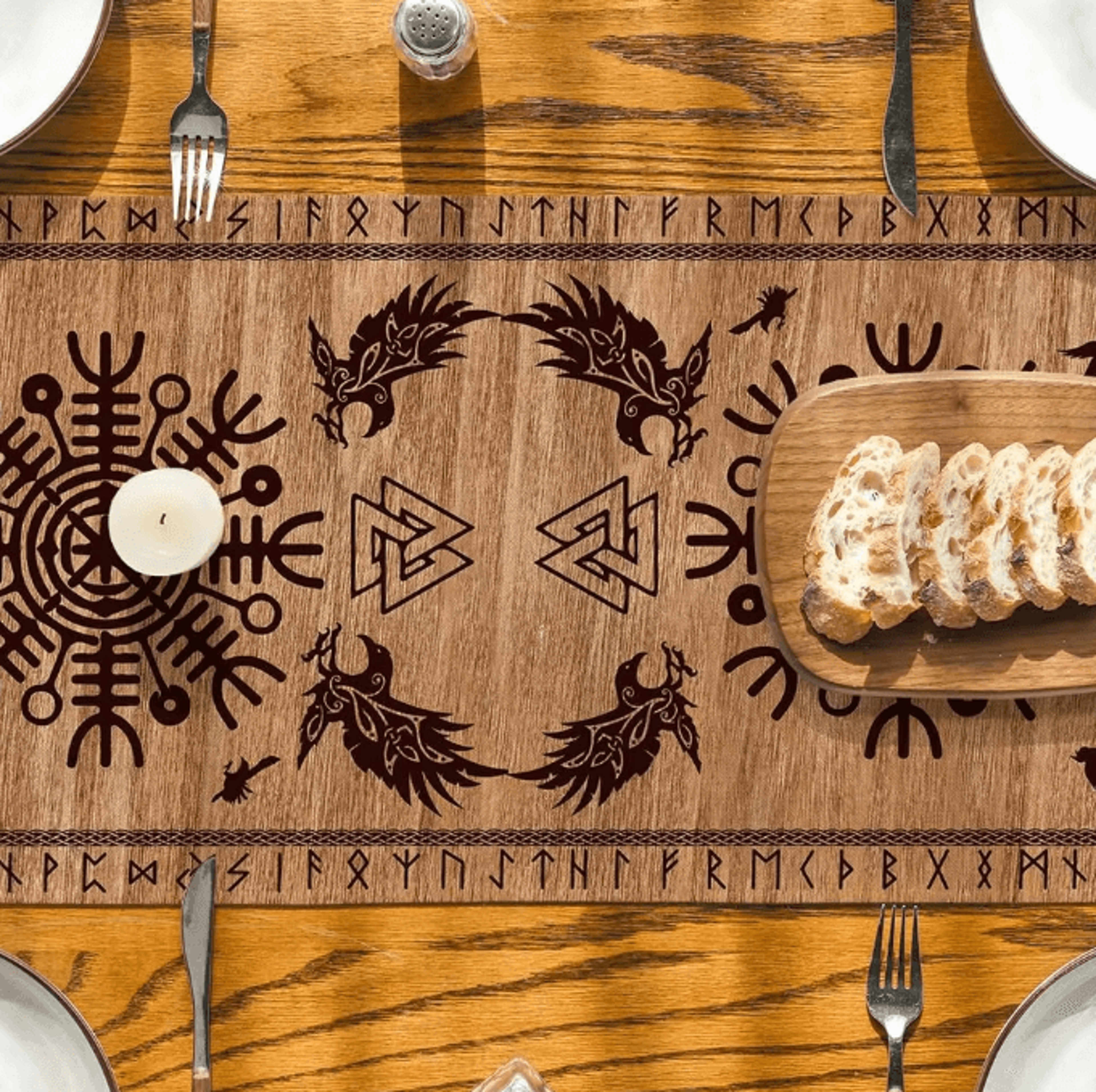 Viking Raven Helmet Of Awe Linen Table Runner Norse Mythology Dining Decor Reusable Holiday Table A 1