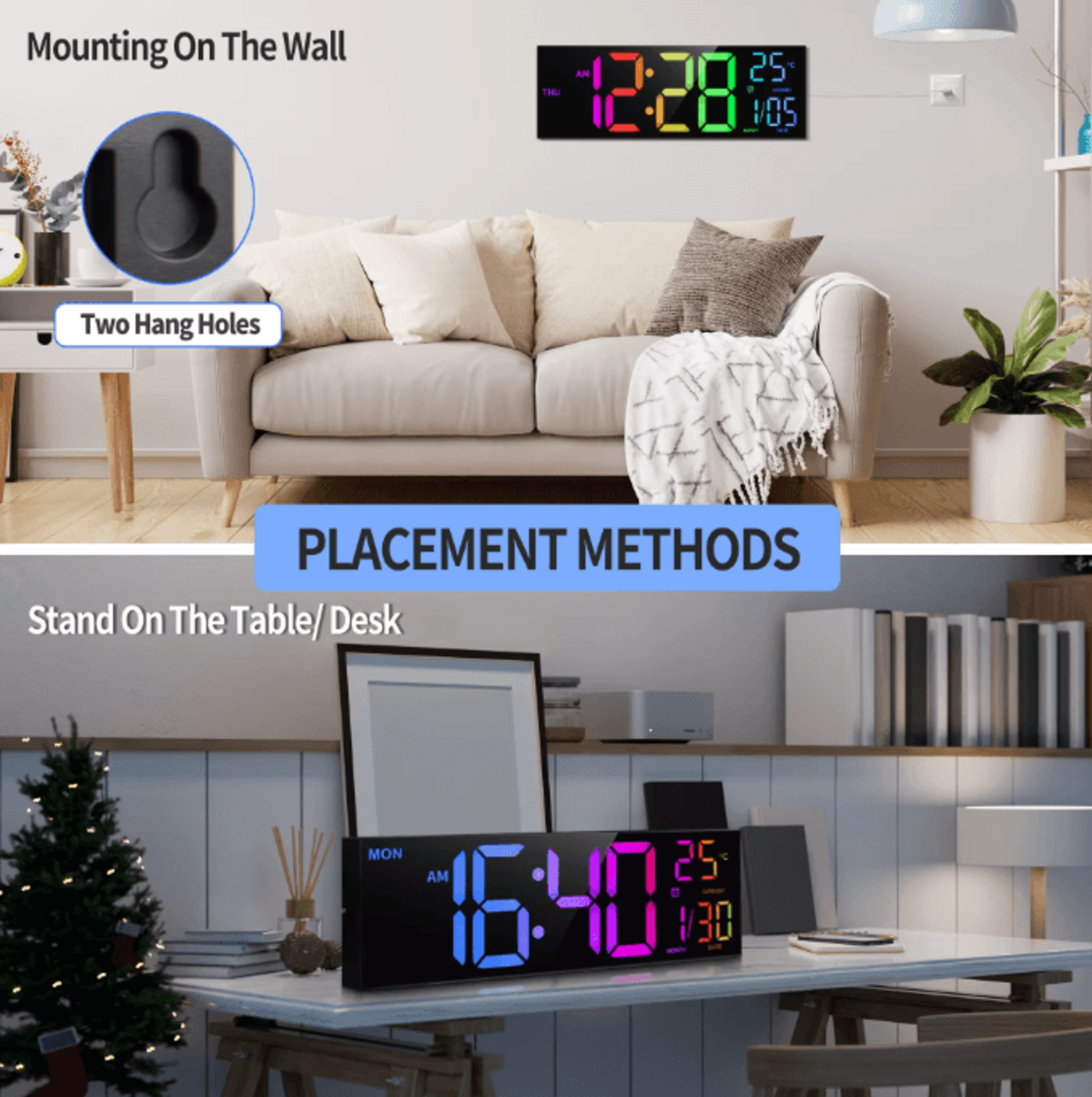 16Inch RGB Large Digital Wall Clock With Remote Temperature Display  Alarm 2
