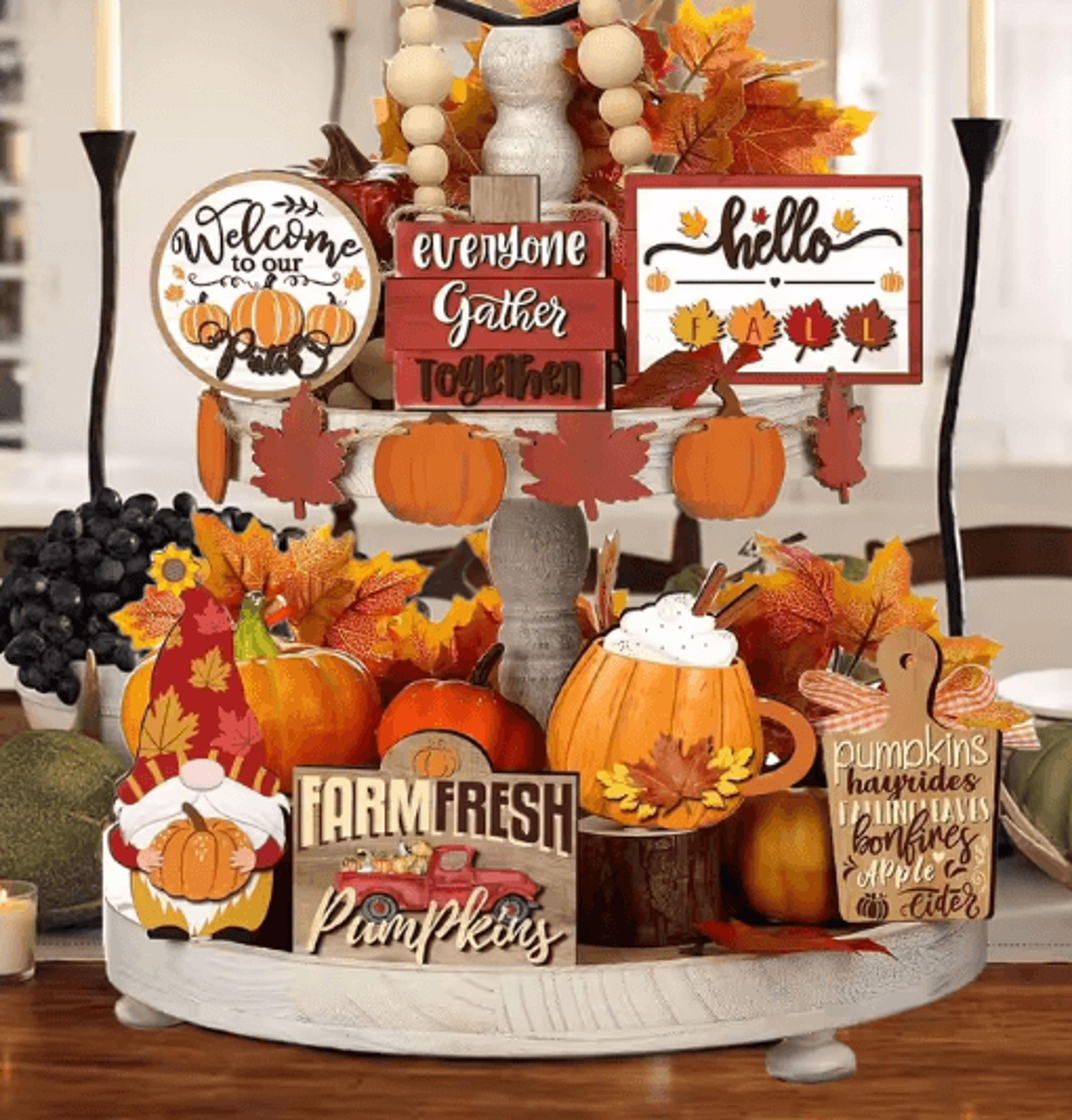 Fall Harvest Wooden Tiered Tray Decor Set  Farmhouse Autumn Pumpkin  Maple Leaf Centerpieces 0