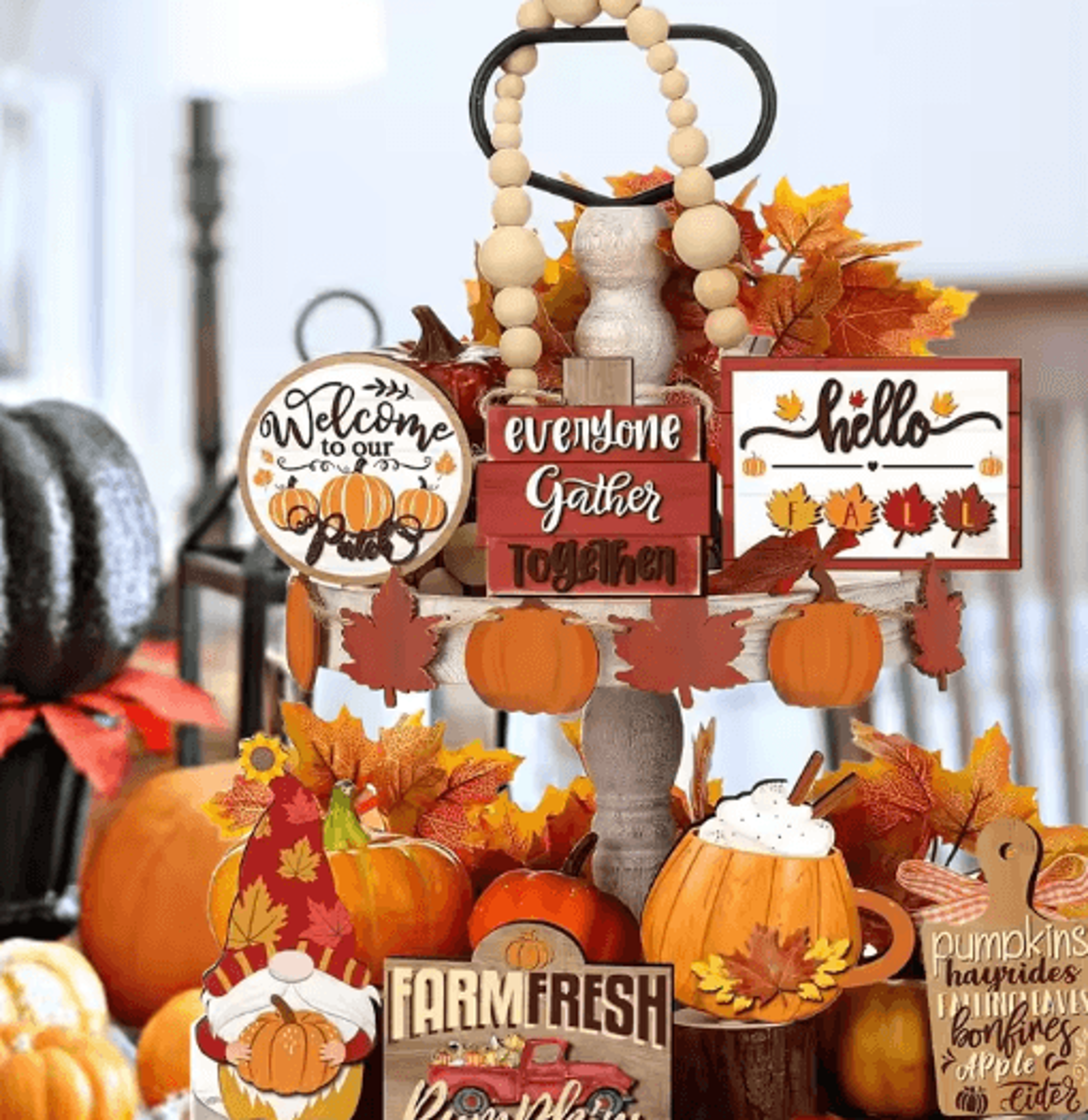 Fall Harvest Wooden Tiered Tray Decor Set  Farmhouse Autumn Pumpkin  Maple Leaf Centerpieces 1