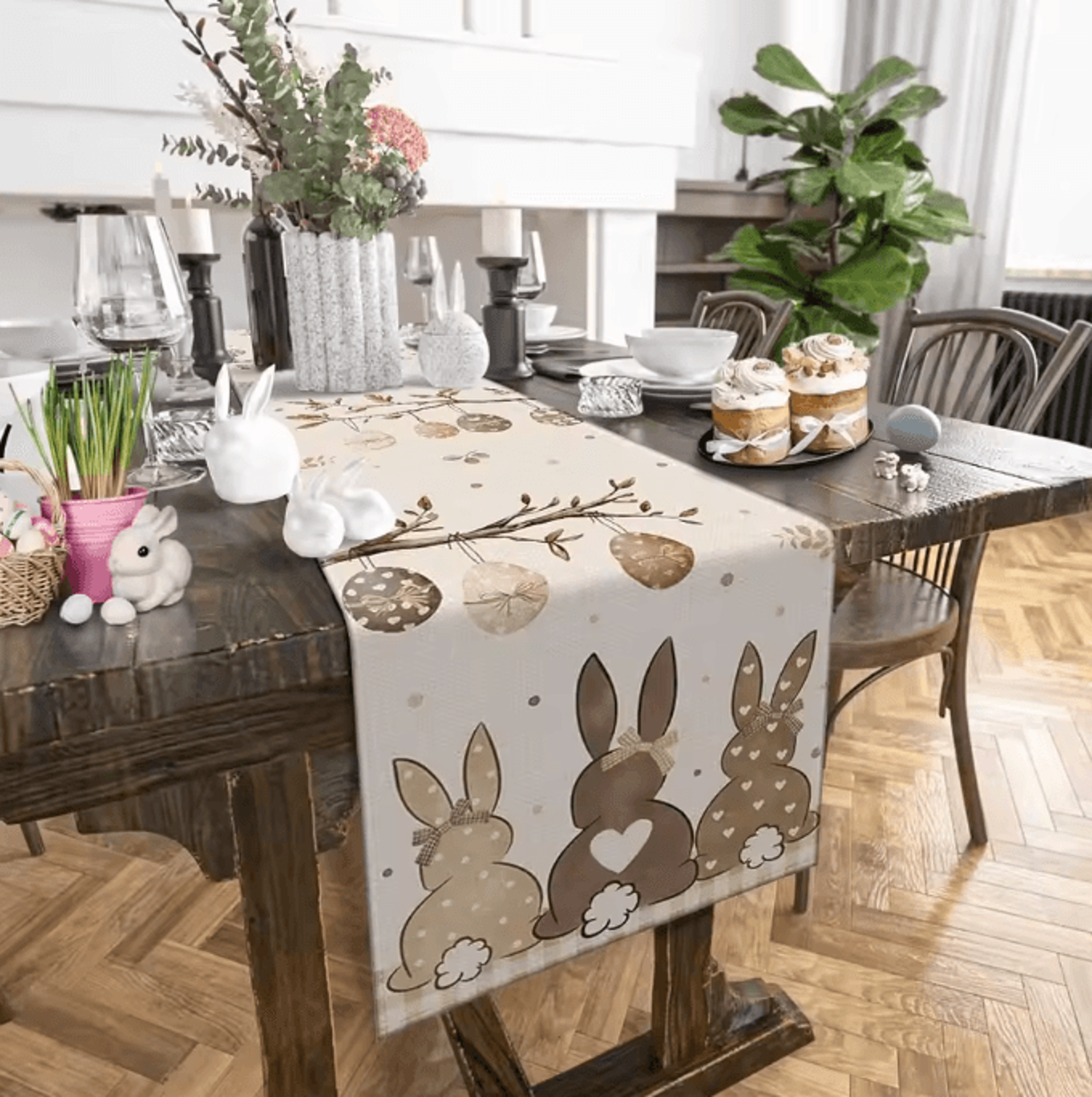 Easter Bunny Eggs Linen Table Runner  Rustic Spring Farmhouse Table Decor 1
