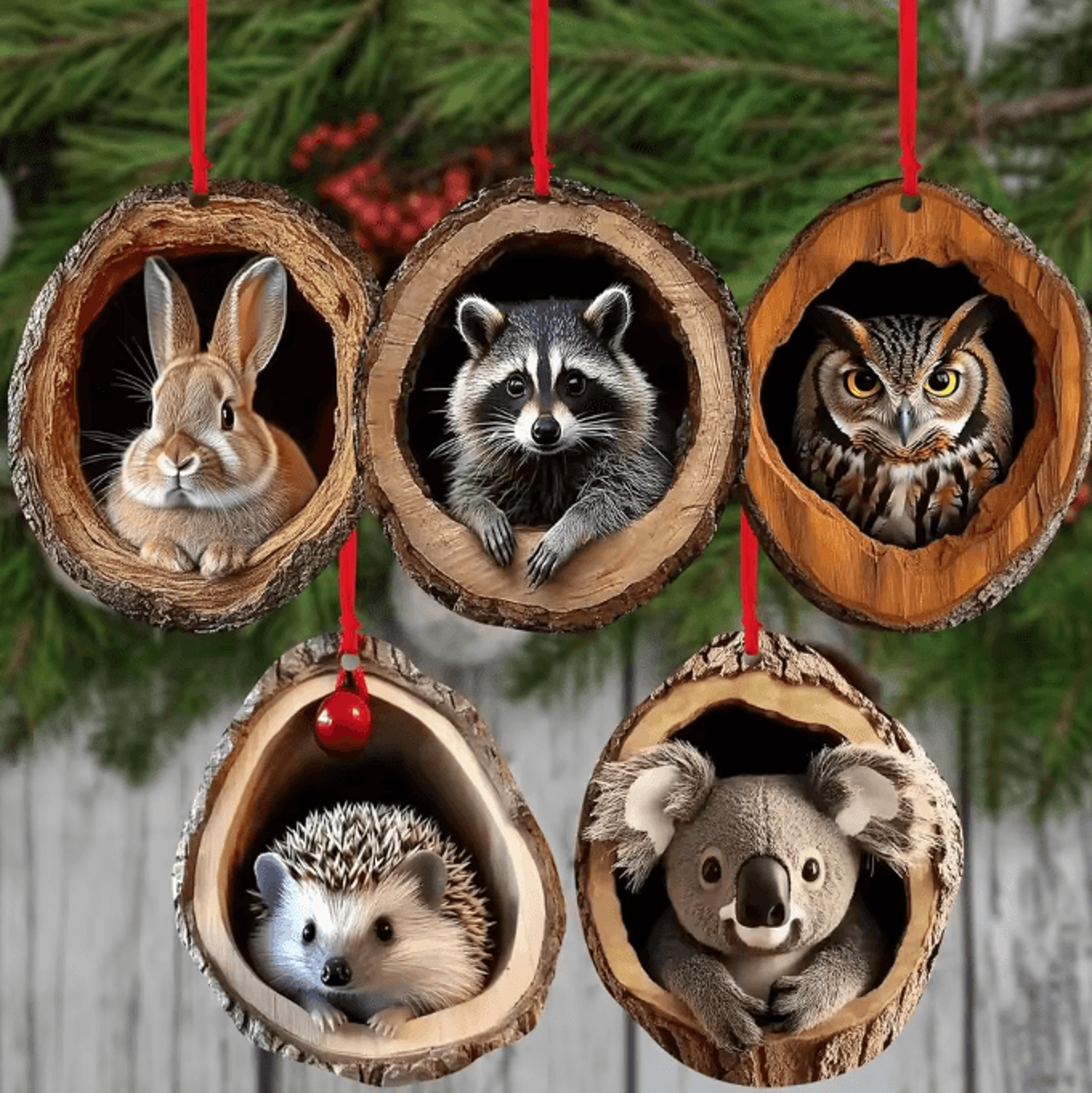 Acrylic Woodland Animal Tree Trunk Ornaments  Cute Bunny Owl  Hedgehog Christmas Hanging Decor 1