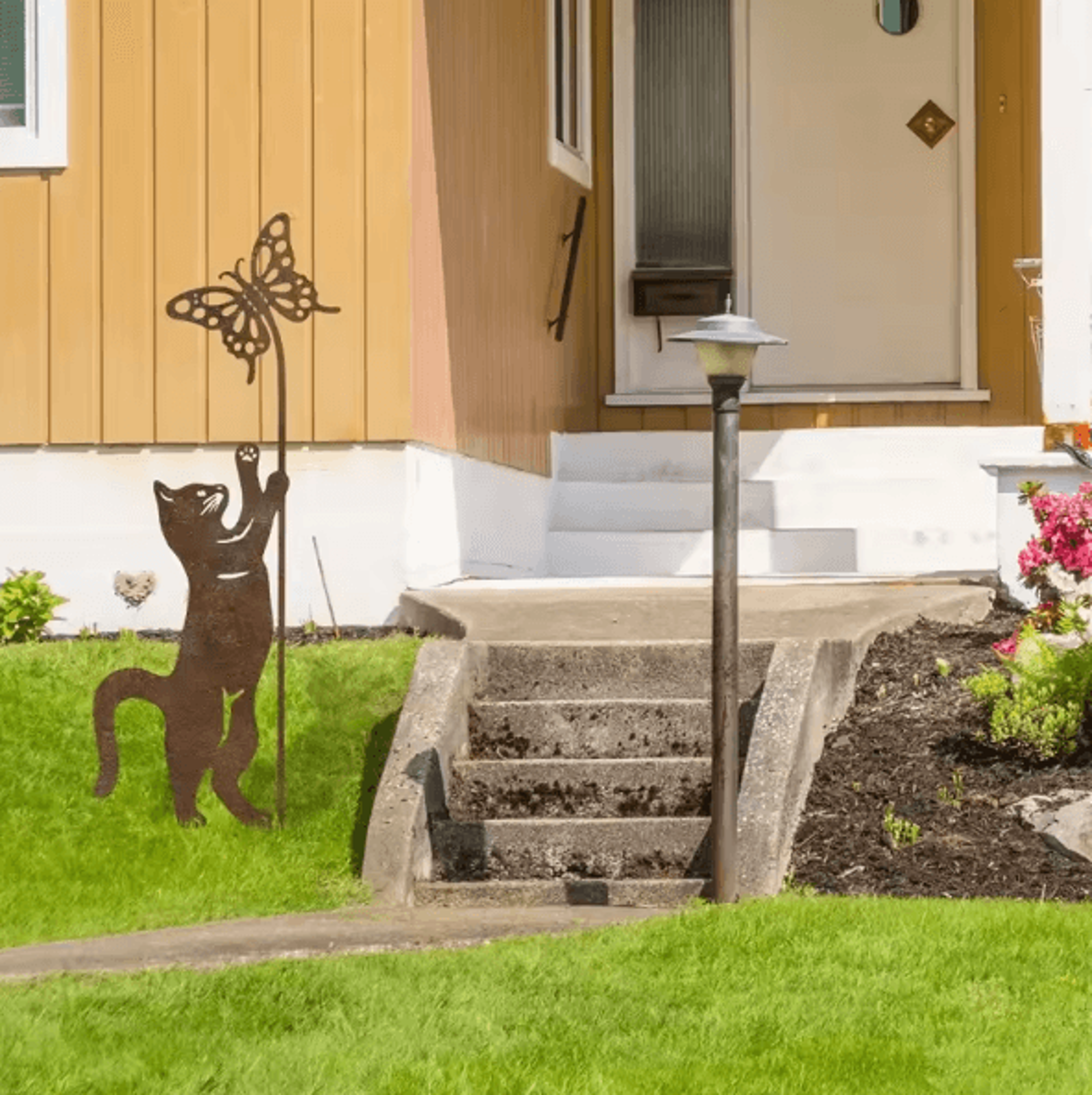 Rustic Metal Cat Garden Stake With Butterfly  Whimsical Outdoor Yard Art 2
