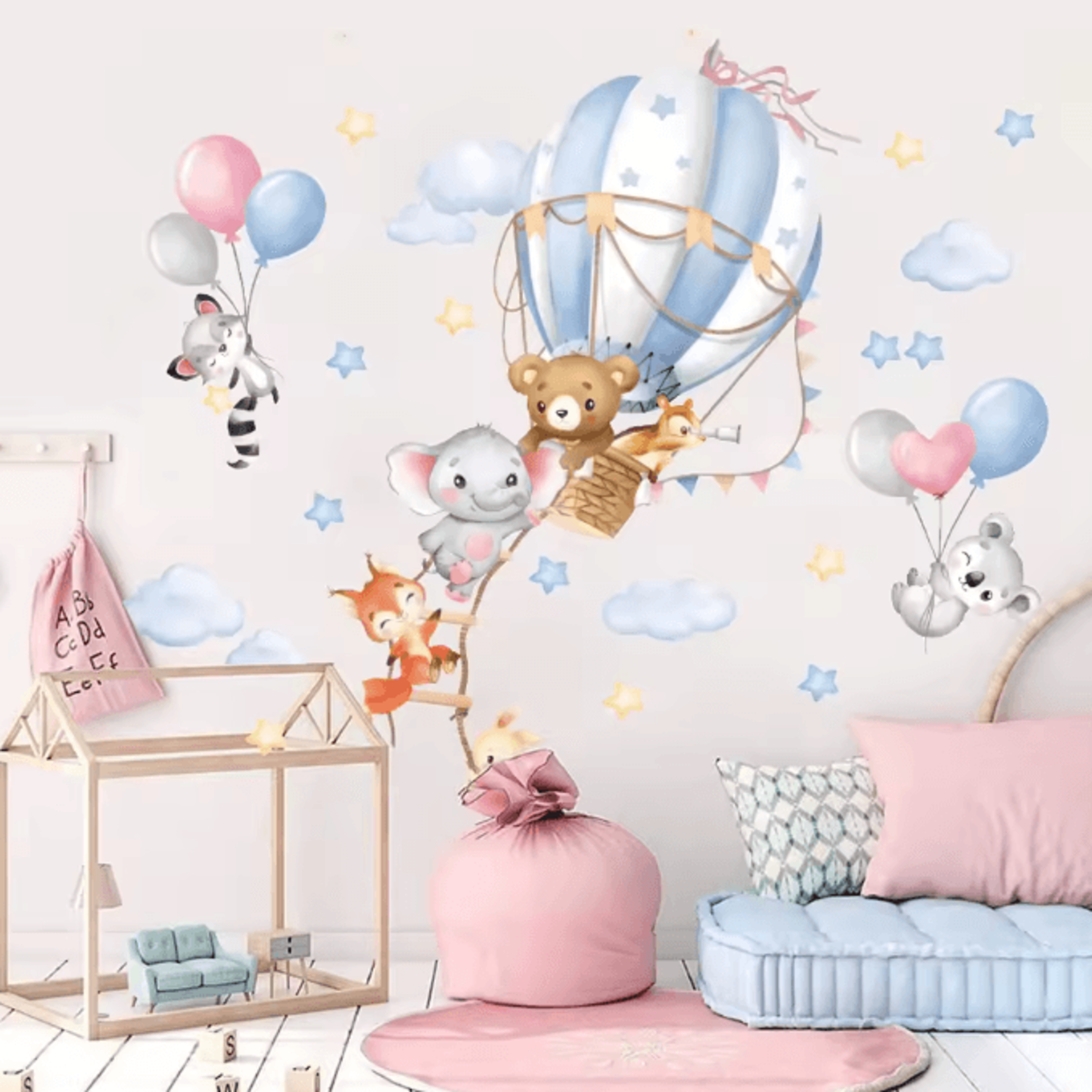 Large Hot Air Balloon Animal Wall Stickers  Whimsical Nursery  Kids Room Decor 1