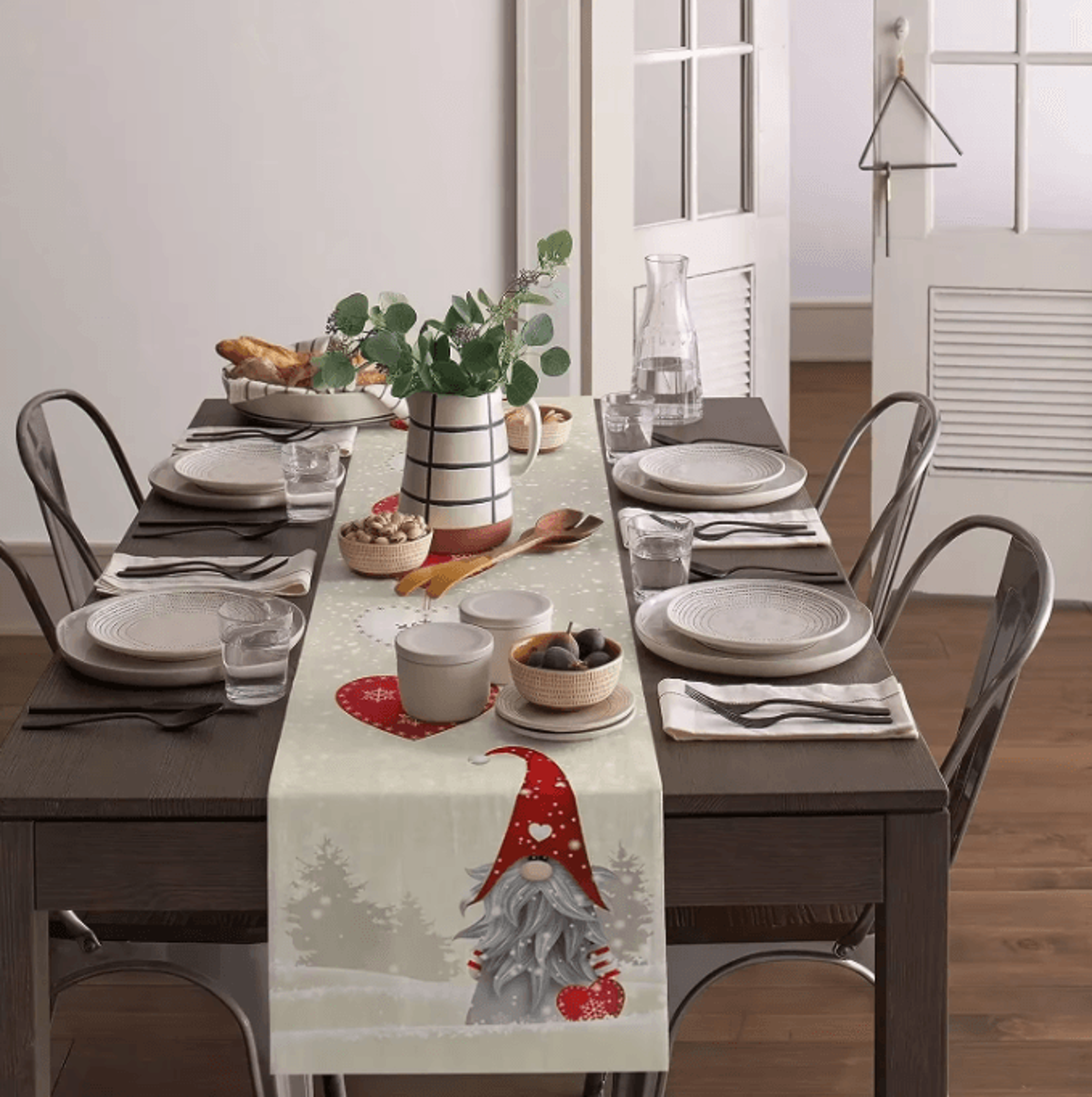 Christmas Gnome Snowflake Linen Table Runner  Festive Farmhouse Dining Decor 3